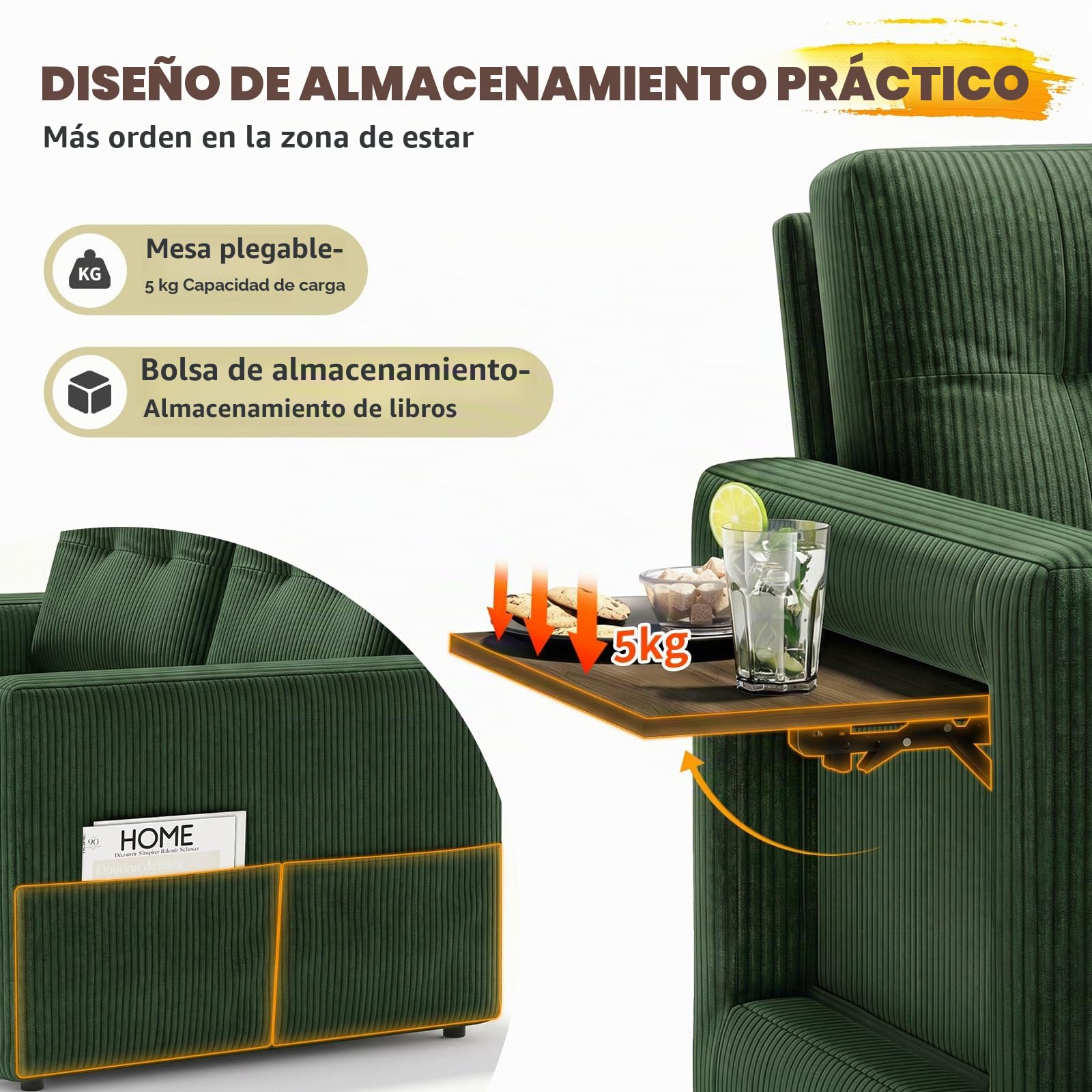 YOUDENOVA Sofá Cama 3 en 1, Sillón Cama multifunción, Sofá reclinable con Respaldo Regulable en 5 Posiciones, Sofá Cama para 2 Personas con Mesa y Bolsillos Laterales, Pana Verde