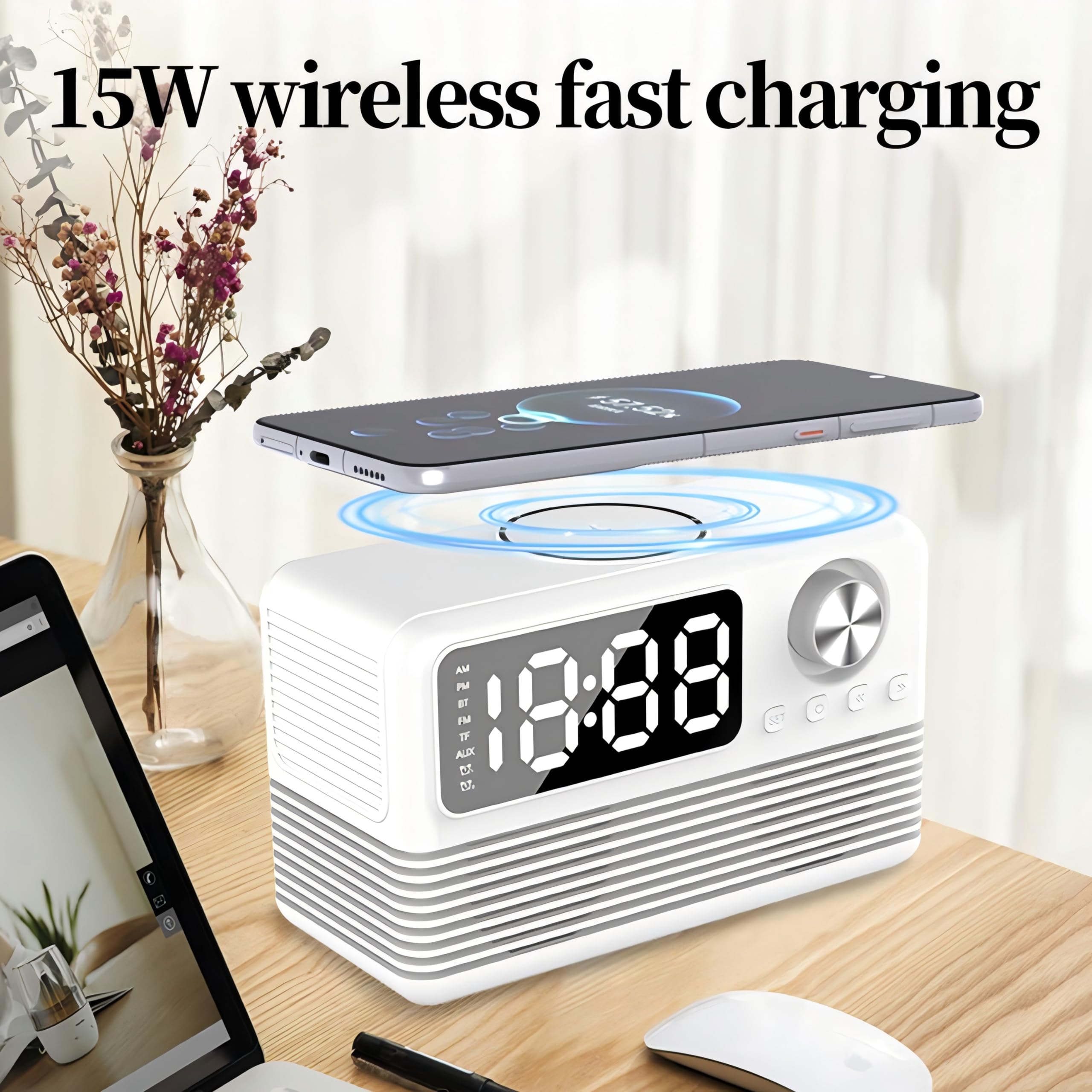 Reloj despertador para mesita de noche, 15 W, carga inalámbrica, con altavoz Bluetooth, alarmas duales, batería de respaldo, regulable, gran pantalla HD, reloj de radio digital para