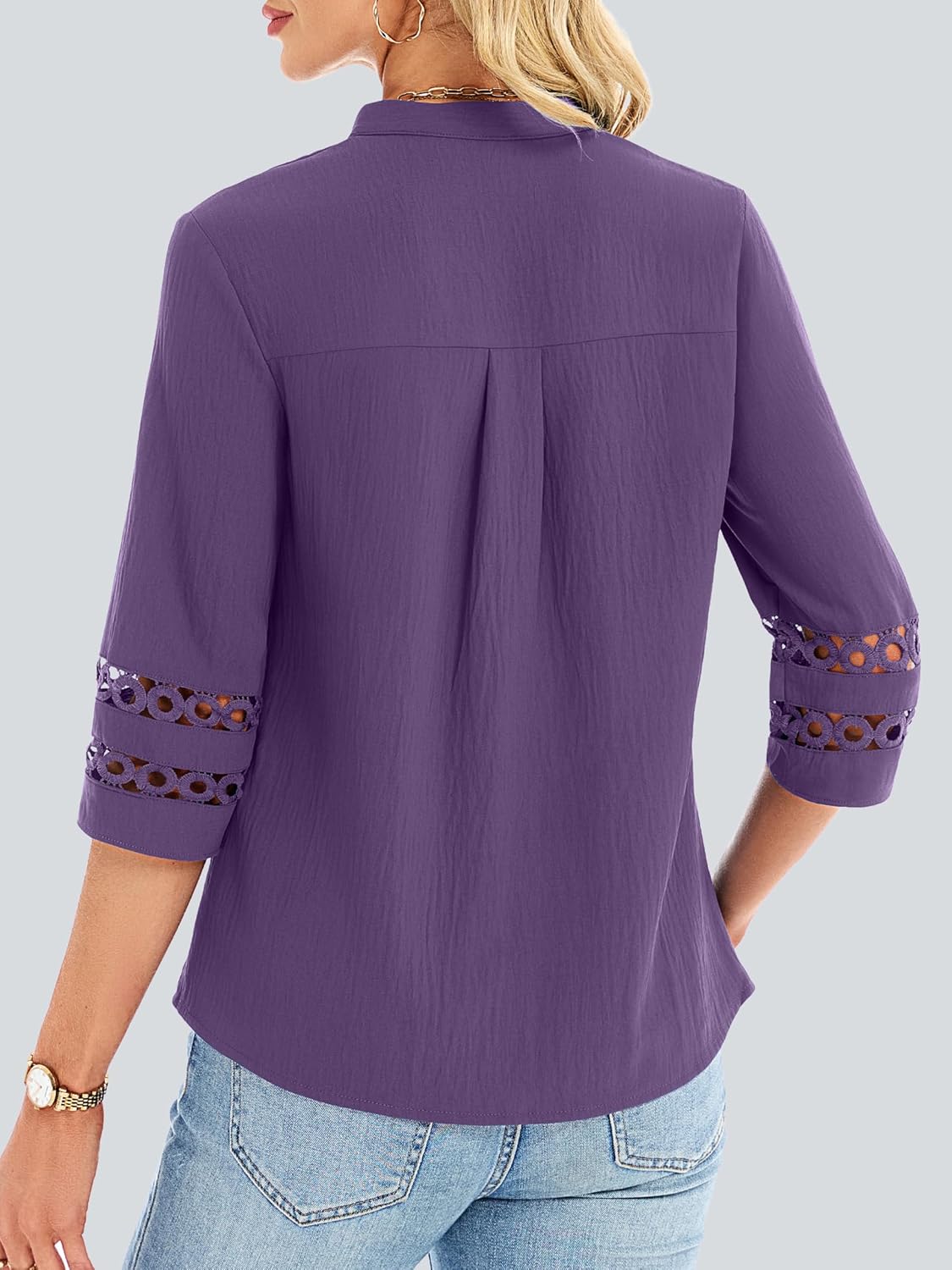 Funlingo 3/4 Length Sleeve Womens Tops V Neck Dressy Casual Blouses Lace Tunic Pleated Shirts Business Casual Outfits 2026 - Image 4