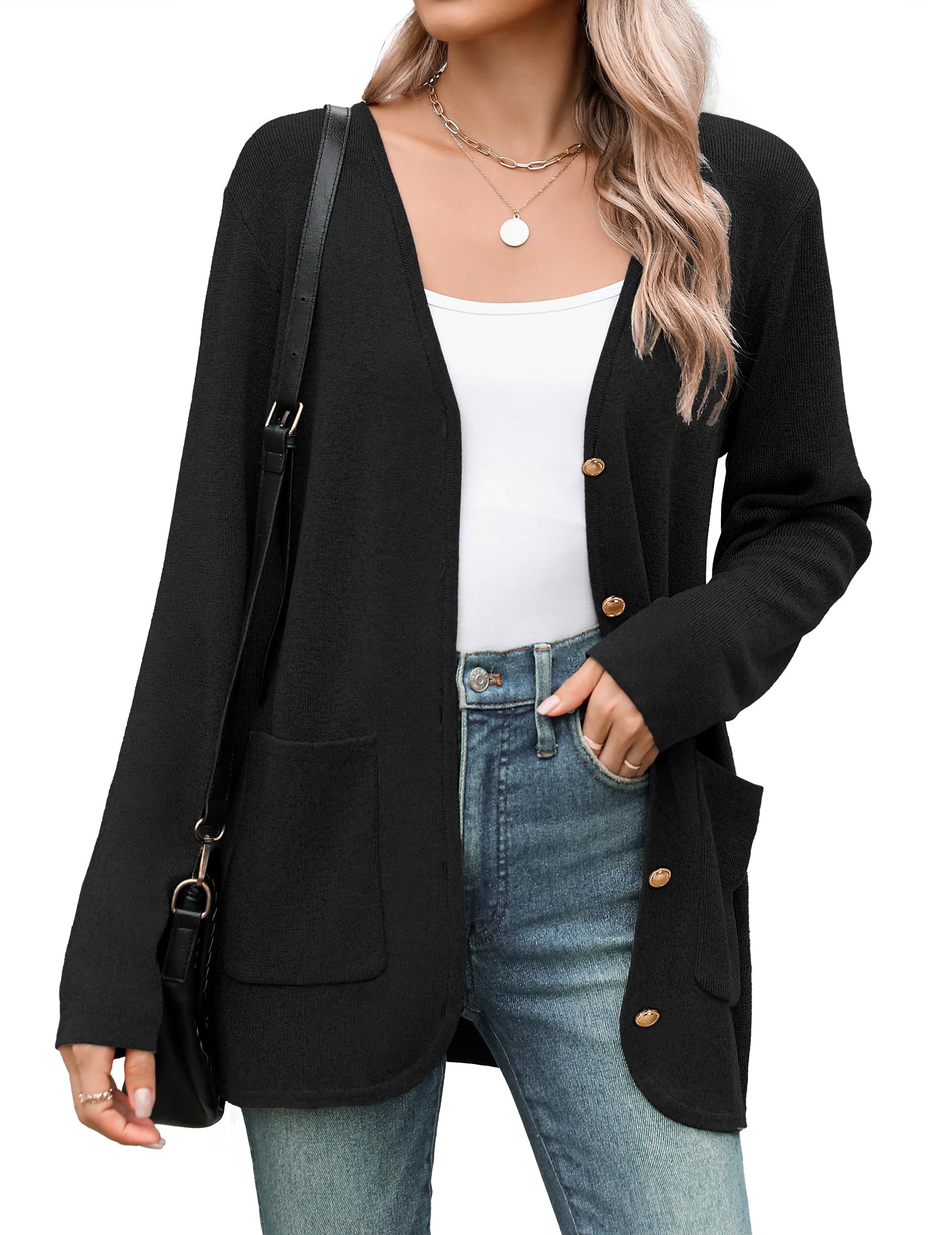Zeagoo Womens V Neck Button Long Cardigan Sweater Casual 2024 Fall Knit Sweater Blazer with Pockets