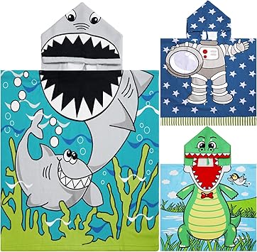 Chumia 3 Pack Kids Hooded Beach Poncho Towels Toddler Swim Pool Bath Towels with Hood Thicker Cotton Absorbent Cover up for Boys Girls Baby47 x 24 Inch,Shark, Astronaut