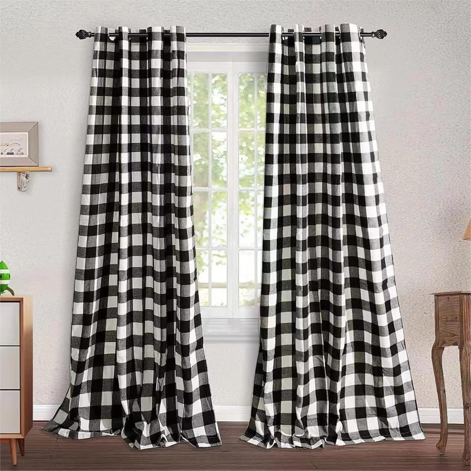 WOSIBO 2 Pack Buffalo Check Plaid Window Curtain Panels (52"×84") for Living Room, Bedroom Farmhouse Courtyard Style Grommet Treatment Curtains Home Décor 52 Inch by 84 Inch (White and Black)