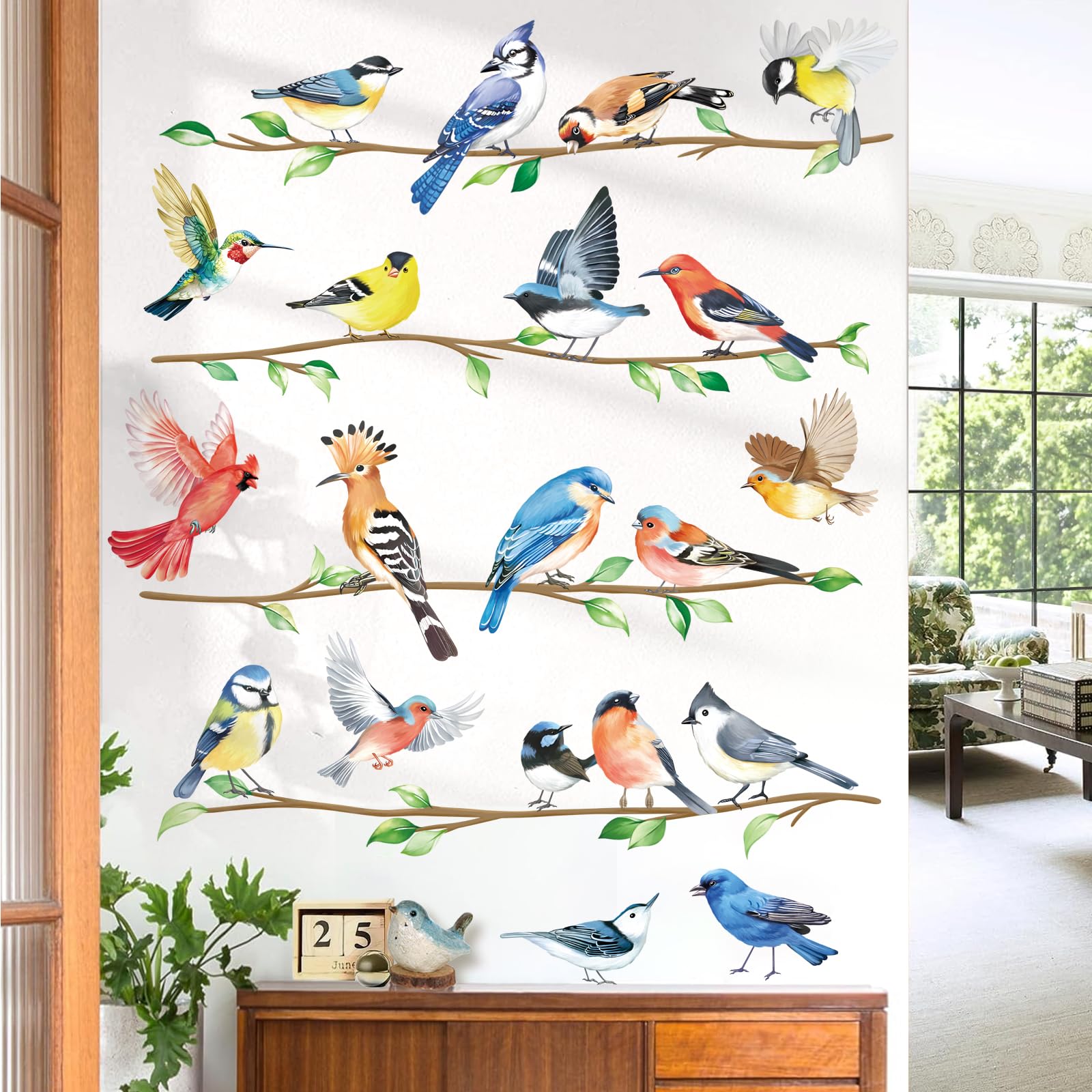 decalmile Birds on Branch Wall Decals Colorful Bird Wall Stickers Bedroom Living Room Office Kitchen Home Decor