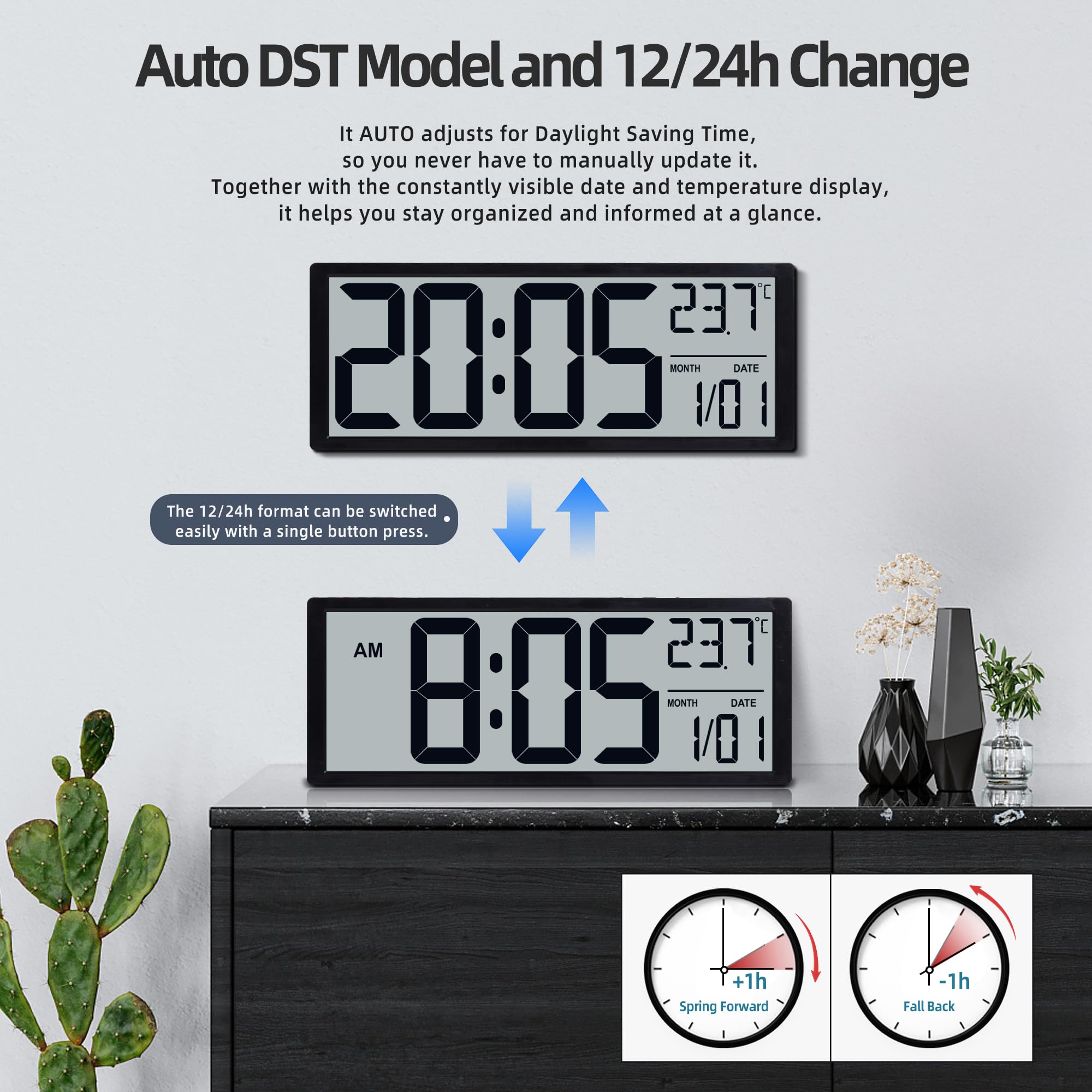 Reloj de pared digital grande de 15 pulgadas, funciona con pilas, con números de pantalla grandes, temperatura y fecha, DST automático y alarma, para oficina, aula, gimnasio, dormitorio