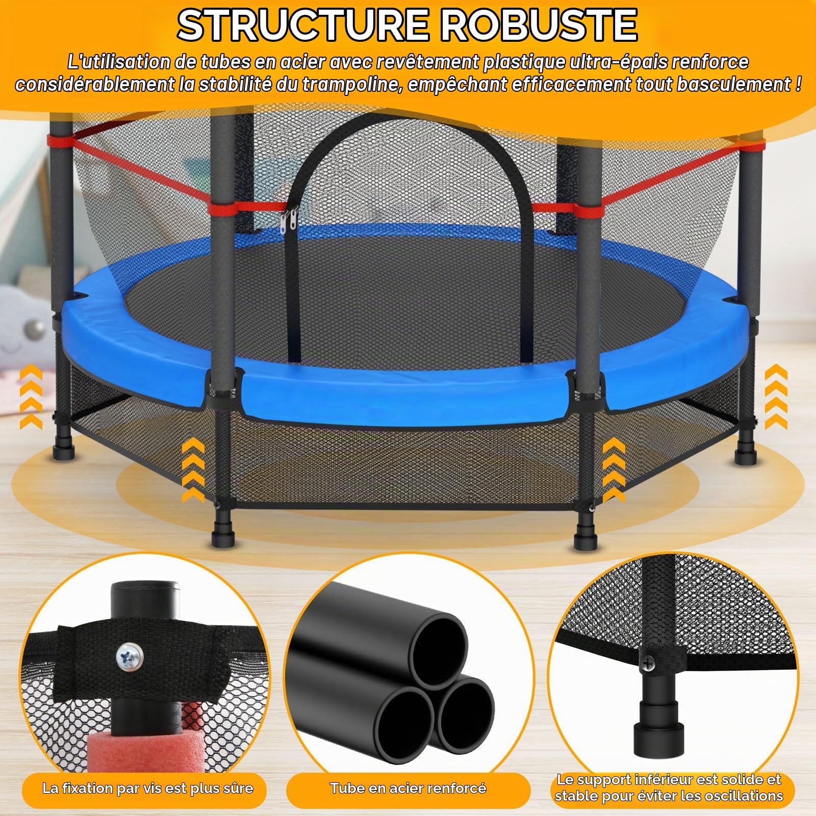 Trampoline pour enfant Ø 140 cm – avec filet de sécurité, porte zippée et filet de sol, suspension en corde en caoutchouc, intérieur/extérieur, charge jusqu'à 55 kg, pour enfants à partir de 3 ans
