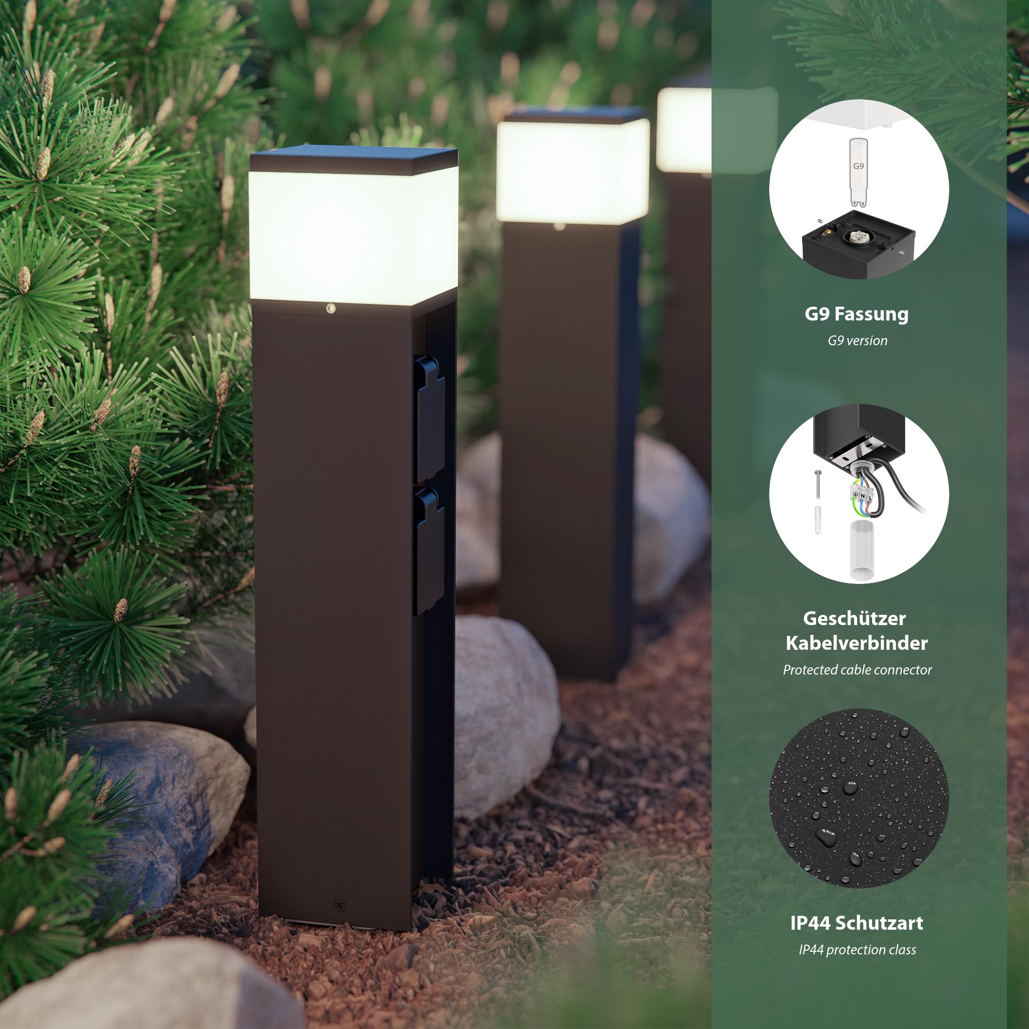 ledscom.de 3 farolas PODEL para exterior, Smart Home, 39 cm, negro, 2 enchufes, con bombilla G9 incluida, 596 lm, blanco