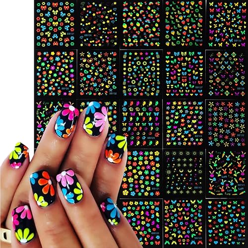 24Sheets Glow in Dark Flower Nail Art Sticker Decals 3D