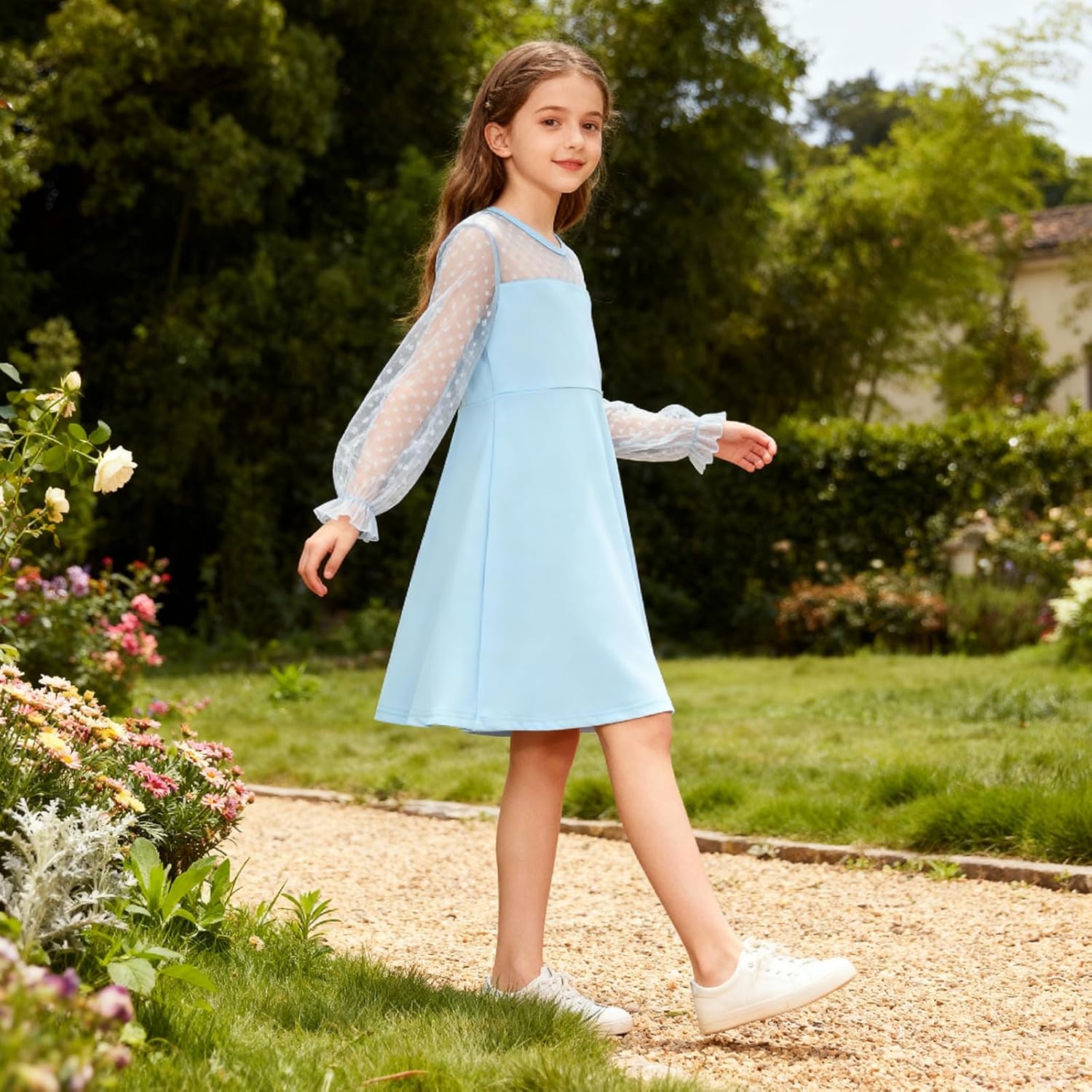 Girls Christmas Dress Girls Contrast Mesh Long Sleeve High Waist Party Formal A Line Short Tulle Dress 5-14 Years - Image 6