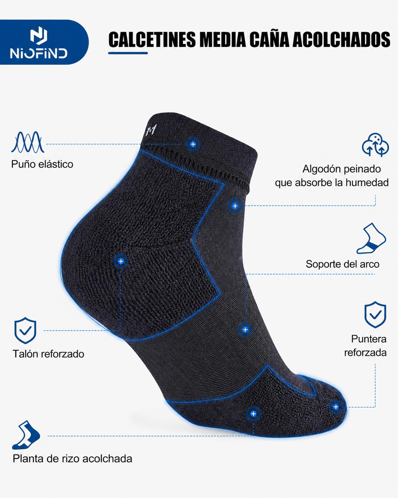 Niofind pack 6 pares calcetines deporte hombre y mujer de algodón transpirables, calcetines deporte hombre acolchados para running, fitness y uso diario