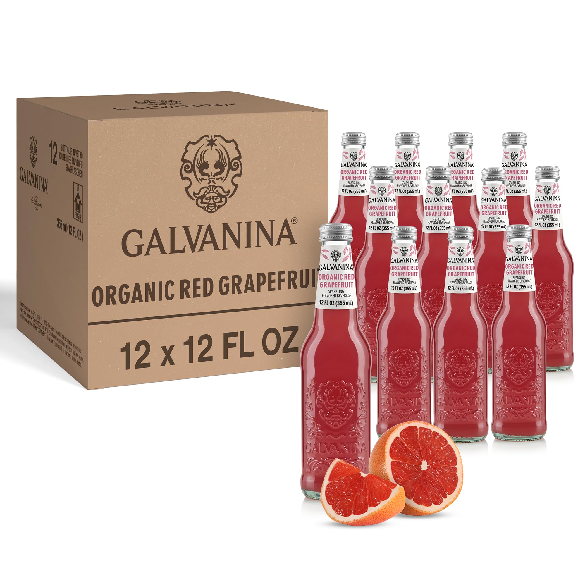 Galvanina Red Grapefruit – Premium Organic Italian Sparkling Soda, 12 fl oz (12 Glass Bottles) | Ruby Grapefruit with Citrus Pulp, Refreshing Soda &