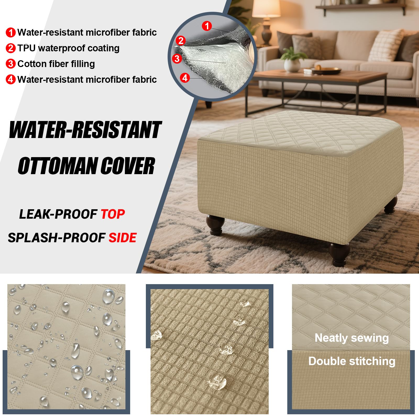 Copri Pouf Quadrata/Rettangolare Impermeabile, Fodera Per Poggiapiedi Elasticizzato Jacquard, Copri Ottomana Antiscivolo Con 2 Cinghie (Beige,1pc Square M)