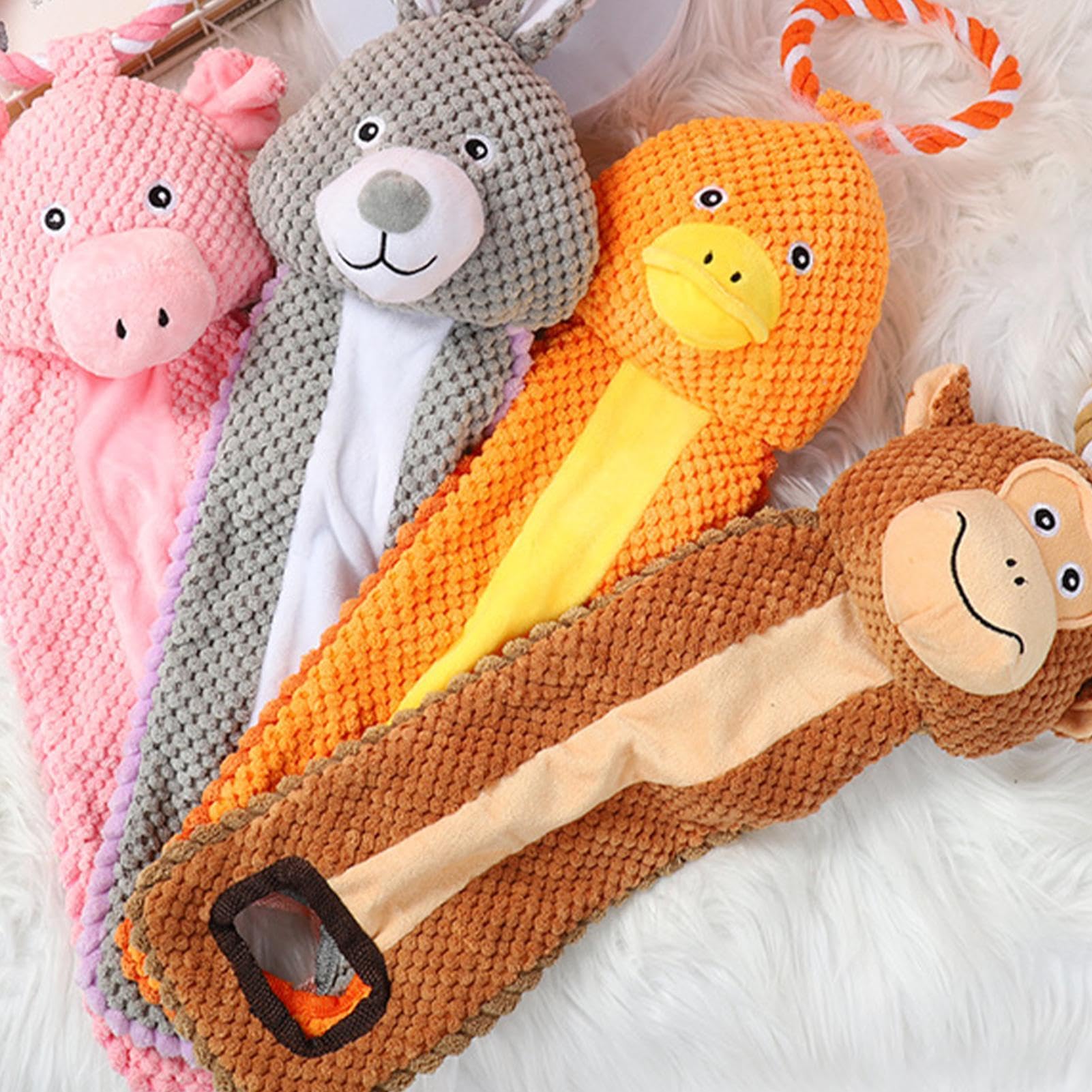 Giocattoli Dentizione Cuccioli 4 Pezzi Articoli Squittenti per Animali | Giocattoli di masticazione robusti in peluche imbottito per cuccioli Per animali domestici viaggio tiro alla fune