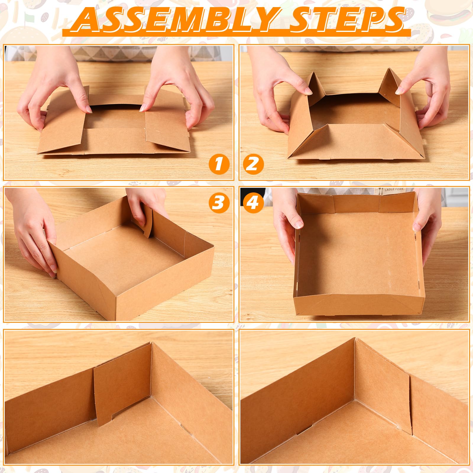 Chinco 100 vassoi in cartone kraft, con 4 angoli, pop-up, per cibo e bevande, usa e getta, pieghevoli, in cartone, contenitori per alimenti, cinema, serate, patatine fritte, 20 x 20 x 6,1 cm