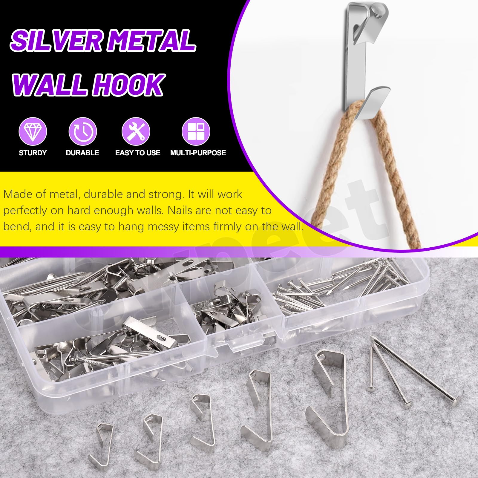 Swpeet 75Pcs 5 Sizes 10lb/20lb/30lb/50lb/100lb Silver Picture Hangers with Nails Assortment Kit, Metal Picture Hanging Hooks - Image 3