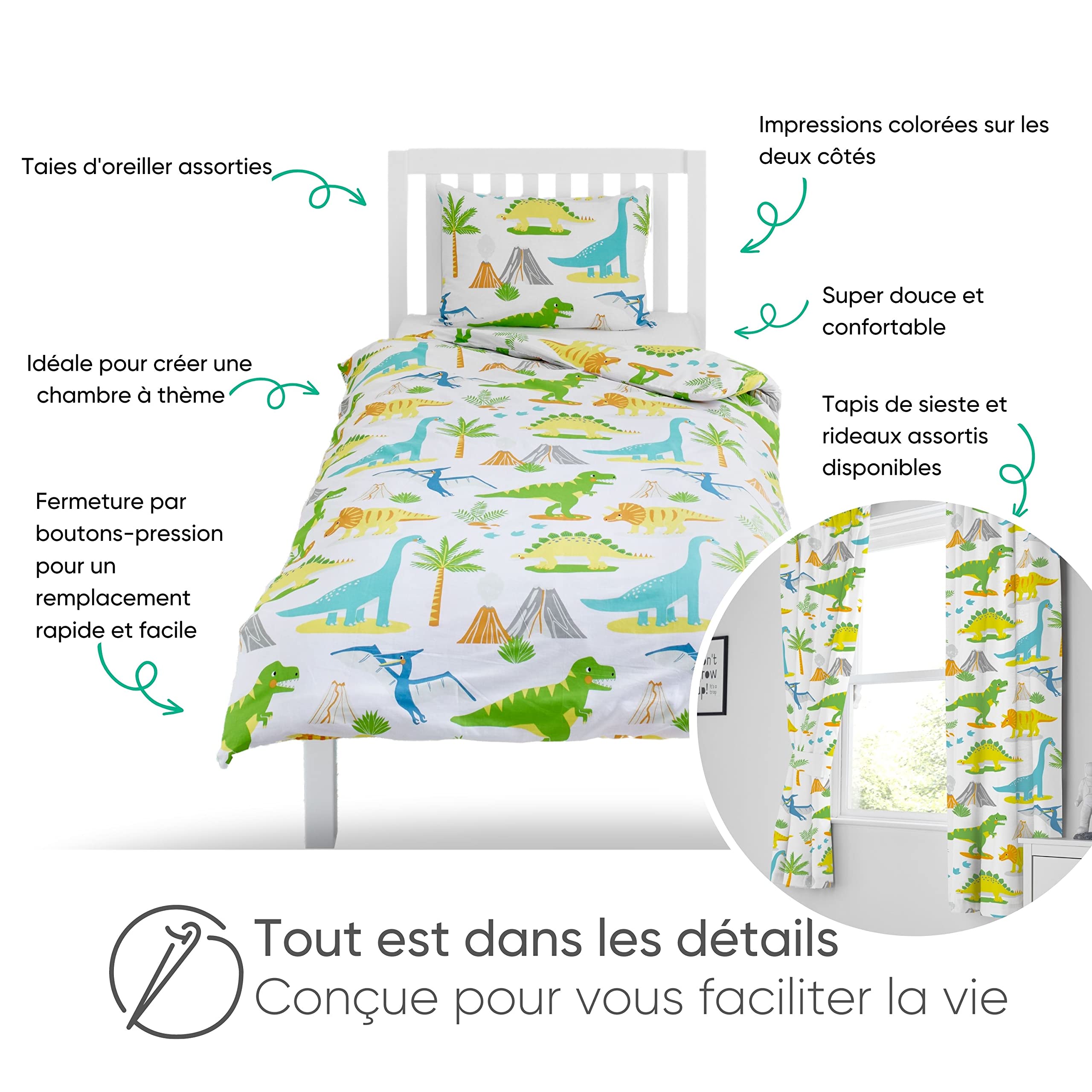 Bloomsbury Mill - Housse de Couette et Taie d’Oreiller Enfant Garçons et Filles - Dinosaure - Imprimé Jurassic Dino - Parure de lit pour Junior, Bas Âge, Bébé - 120 x 150 cm