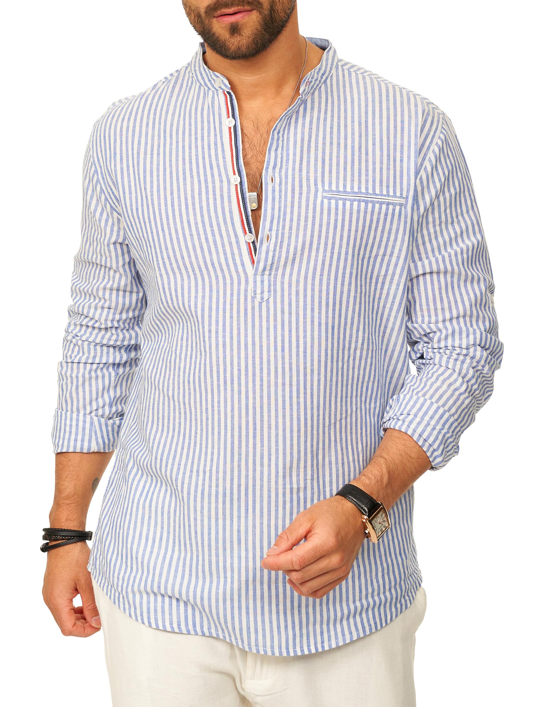 behype. Herren Leinenhemd als Langarmhemd Gestreift - Freizeithemd im Regular-Fit mit Henley Stehkragen Sommerhemd - Strandhemd im Sommer-Look für Männer