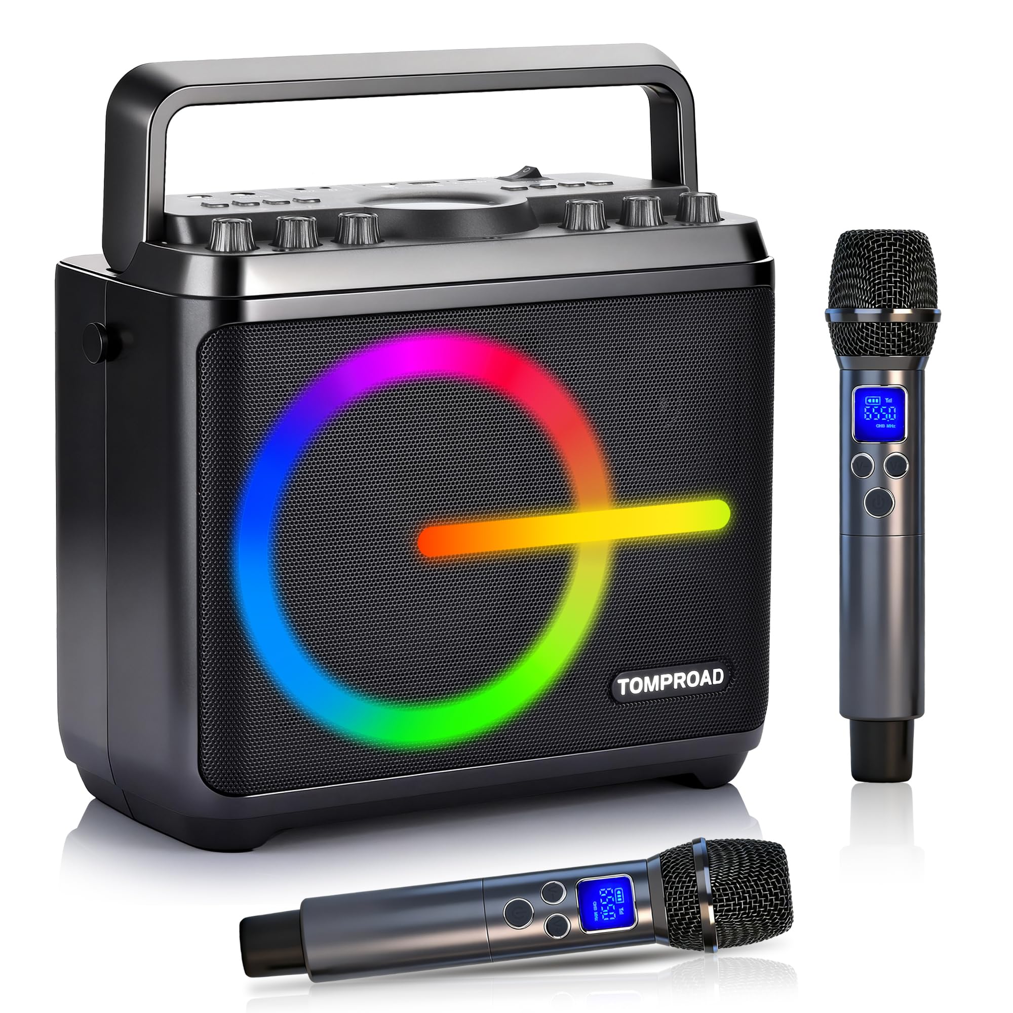 Macchina per karaoke, altoparlante Bluetooth con 2 microfoni wireless, sistema PA portatile per adulti e bambini con luci LED, regolazione dei bassi/acuti, scheda TF/USB, REC per feste a casa(nero)