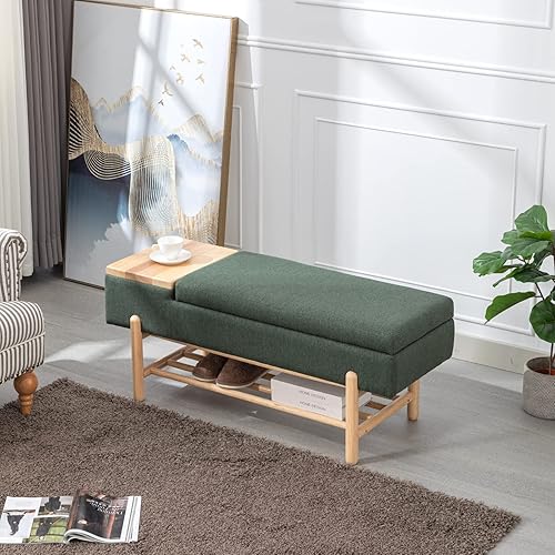 Miniatura 35 de Banco de almacenamiento tapizado para dormitorio, extremo de la cama, banco otomano de lino beige con asiento acolchado, banco de madera moderno