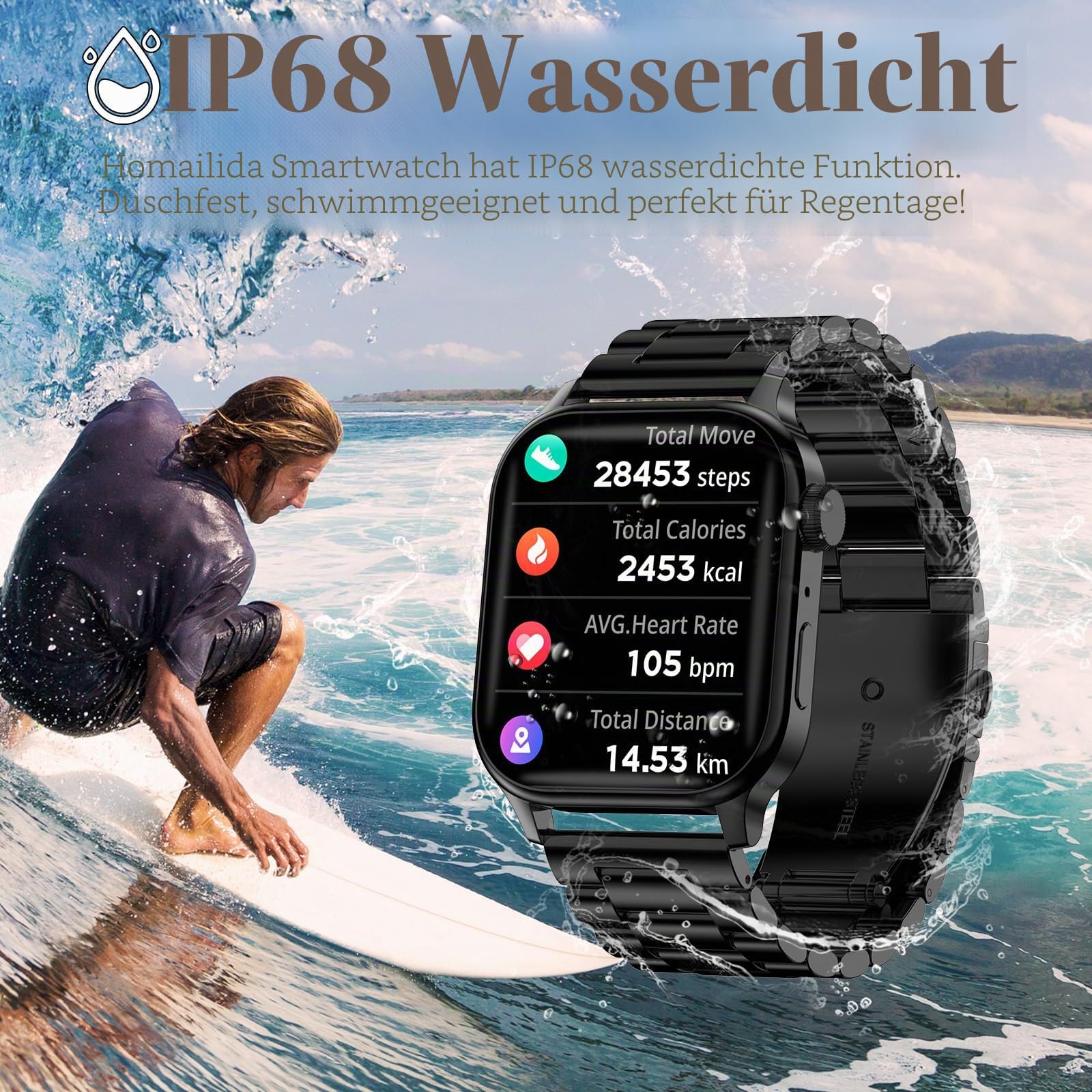 Smartwatch Herren mit 2 verstellbaren Armbändern, Smart Watch-Anrufe und Sprachassistent, Nachrichtenbenachrichtigungen, Business Stil Smart Watch, 100+ Sportmodi, Fitnessuhr Herren Schwarz