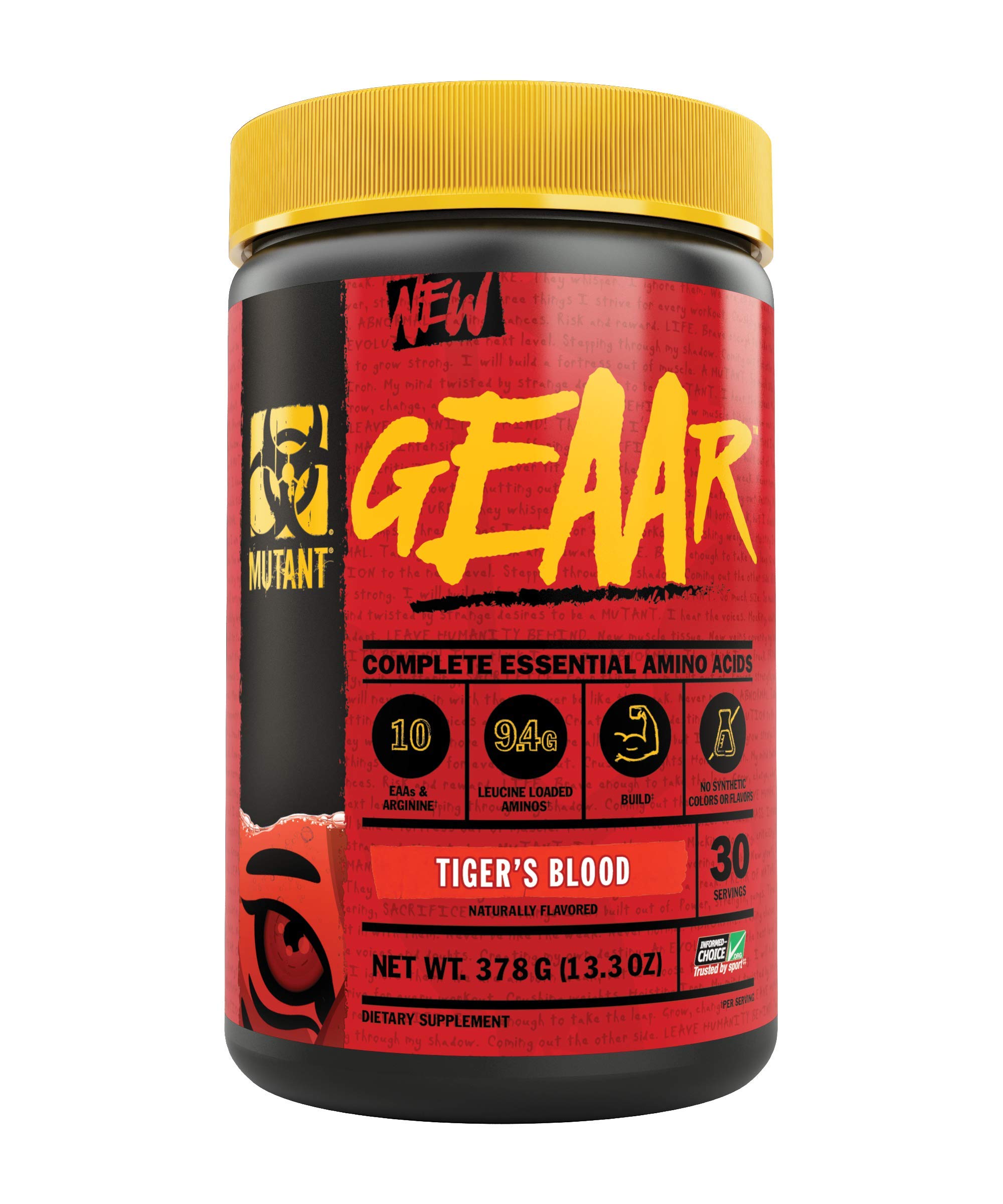 MUTANTGEAAR - 9.4g of EAA Powder + Arginine, 7g BCAAs, 4g Leucine, Electrolytes, Coconut Water, No Artificial Colors or Flavors, Delicious Taste - 30 Servings - Tiger's Blood - 378g