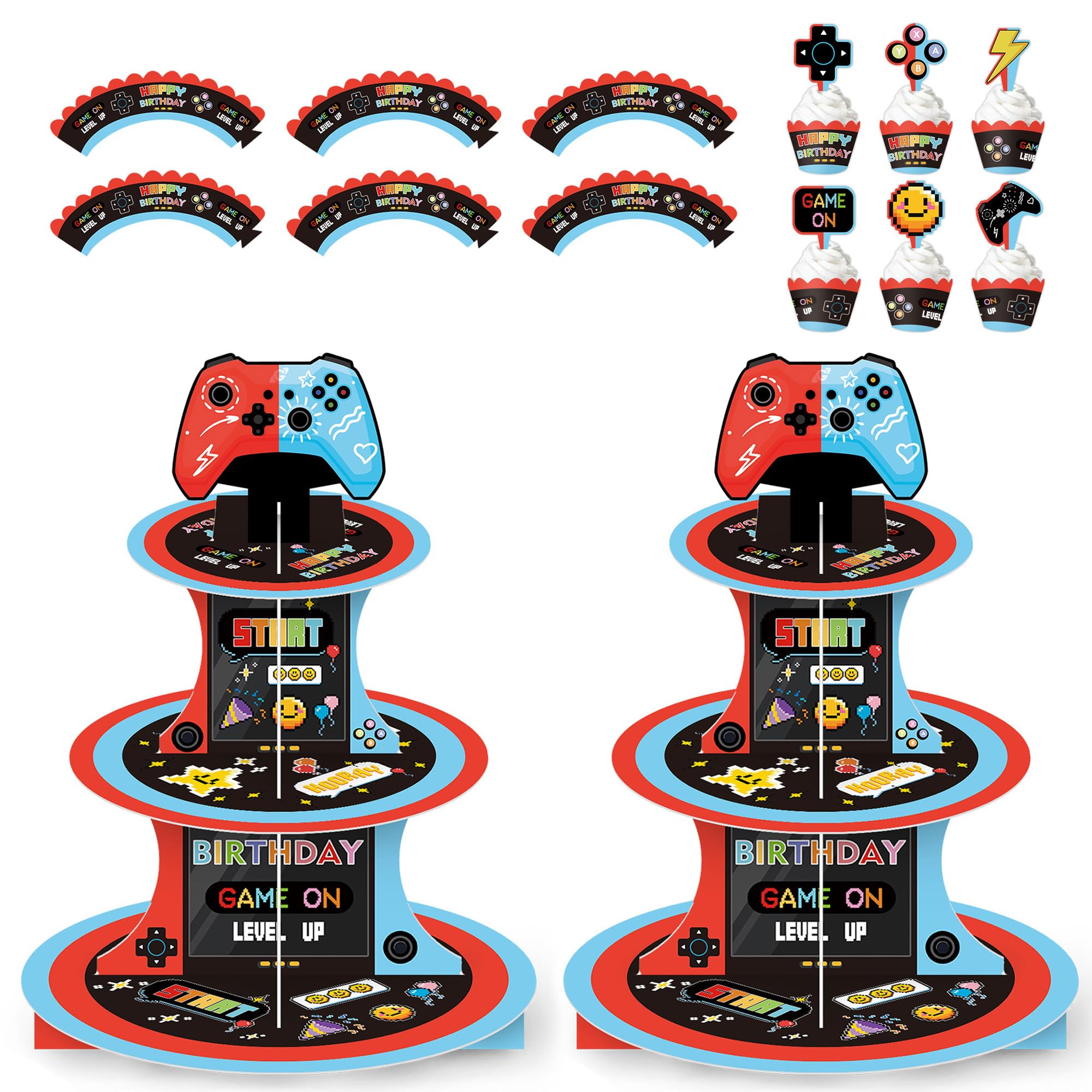KINMRIS 2 Pack 3-Tier Cardboard Cupcake Stand, Round Cake Stand, Dessert Holder, Reusable Serving Tray Pastry Display Tower for Afternoon Tea, Birthday, Food Display, Parties, Bakery (Game Party A)