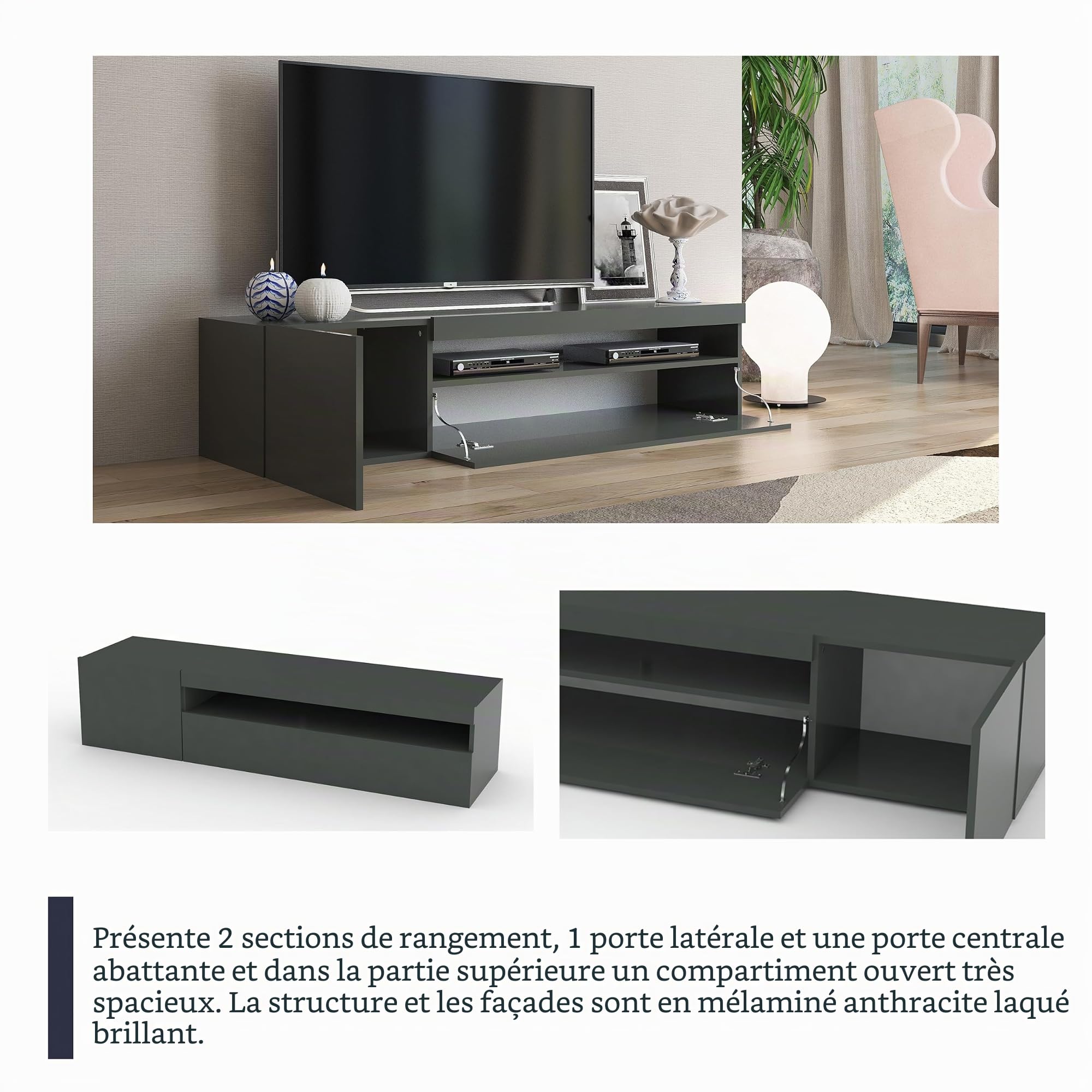 WHOUS Meuble TV, Anthracite, 150cm