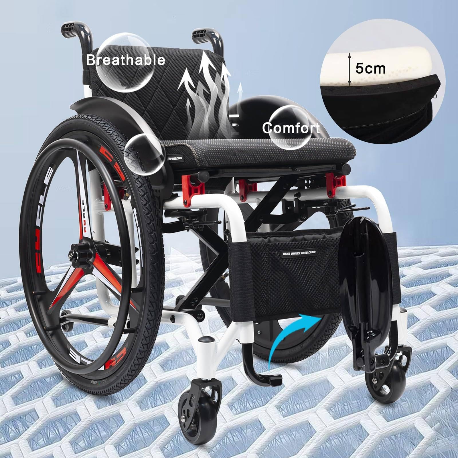 Silla de ruedas plegable ultraligera deportiva, diseño todo terreno, soporta 220 libras, ancho de asiento de 42 cm, ideal para un estilo de vida activo