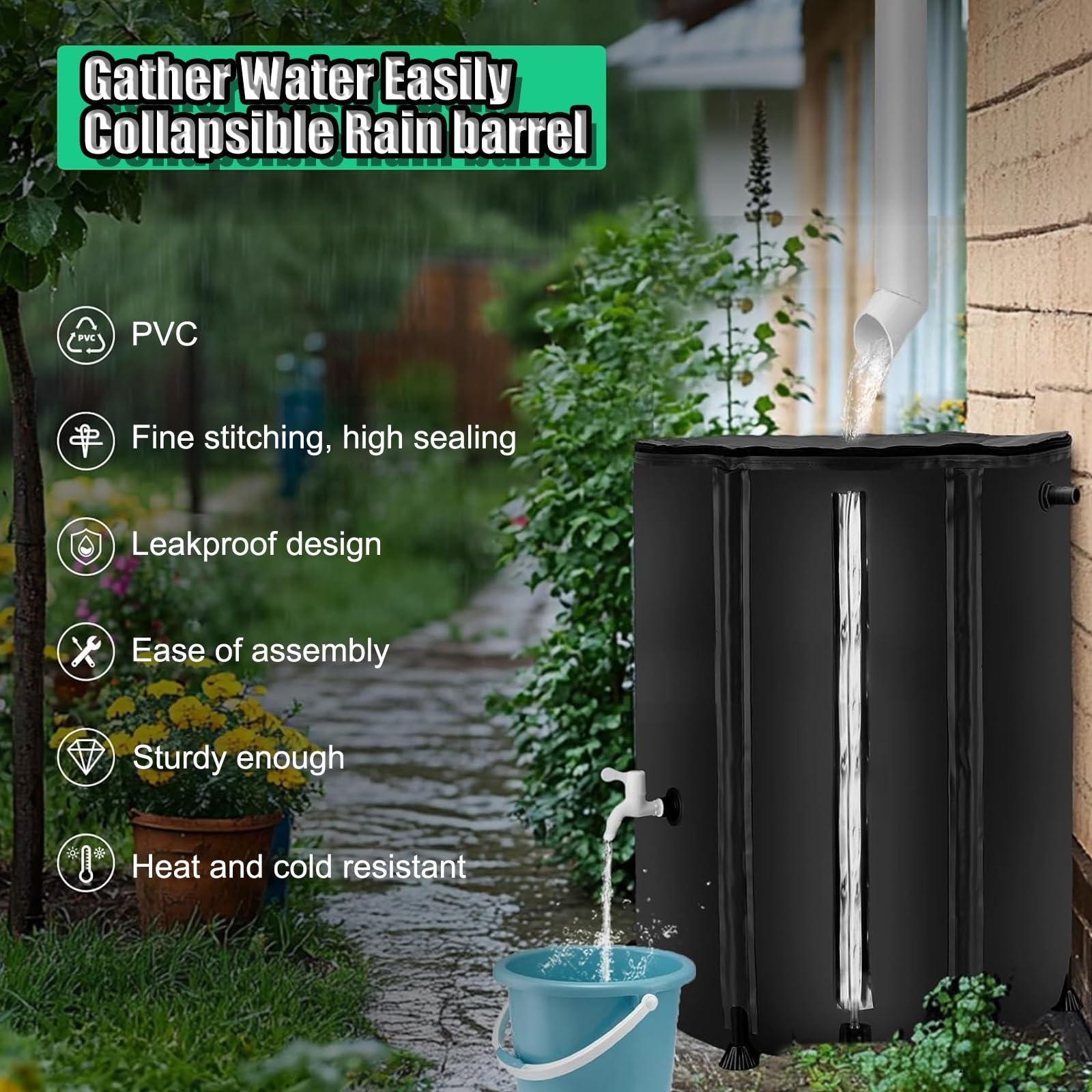 Serbatoio di stoccaggio dell'acqua, sistema portatile di raccolta dell'acqua piovana, barilotto di stoccaggio fluido in PVC per giardino ed uso esterno