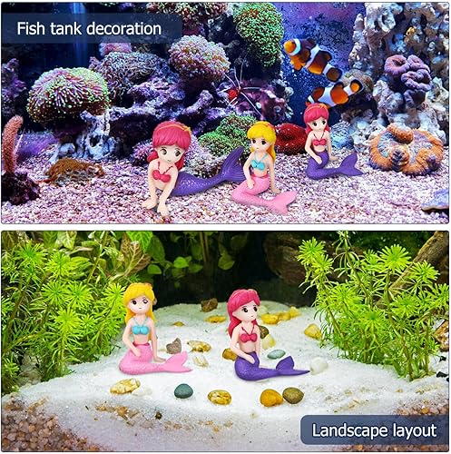 Miniatura 4 de COHEALI Decoración de sirena para acuario, decoración de pecera de sirena, 4 piezas, figuras de sirena en miniatura, mini estatuas de sirena,
