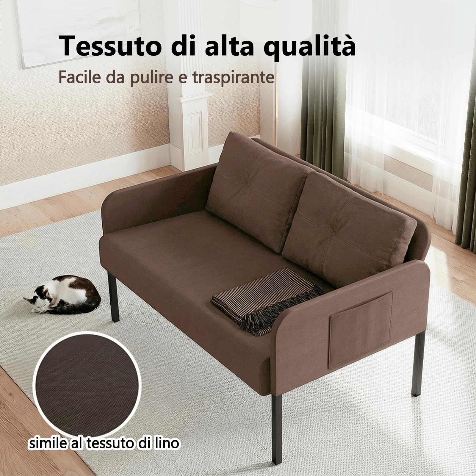 Fabulcozy,Divano 2 Posti, Piccolo Divano in Llino con Tasche Laterali, Struttura in Legno e 4 Gambe Metalliche,Iinclude 2 Cuscini, Facile Montaggio, Salvaspazio per Soggiorno o Appartamento(Marrone)