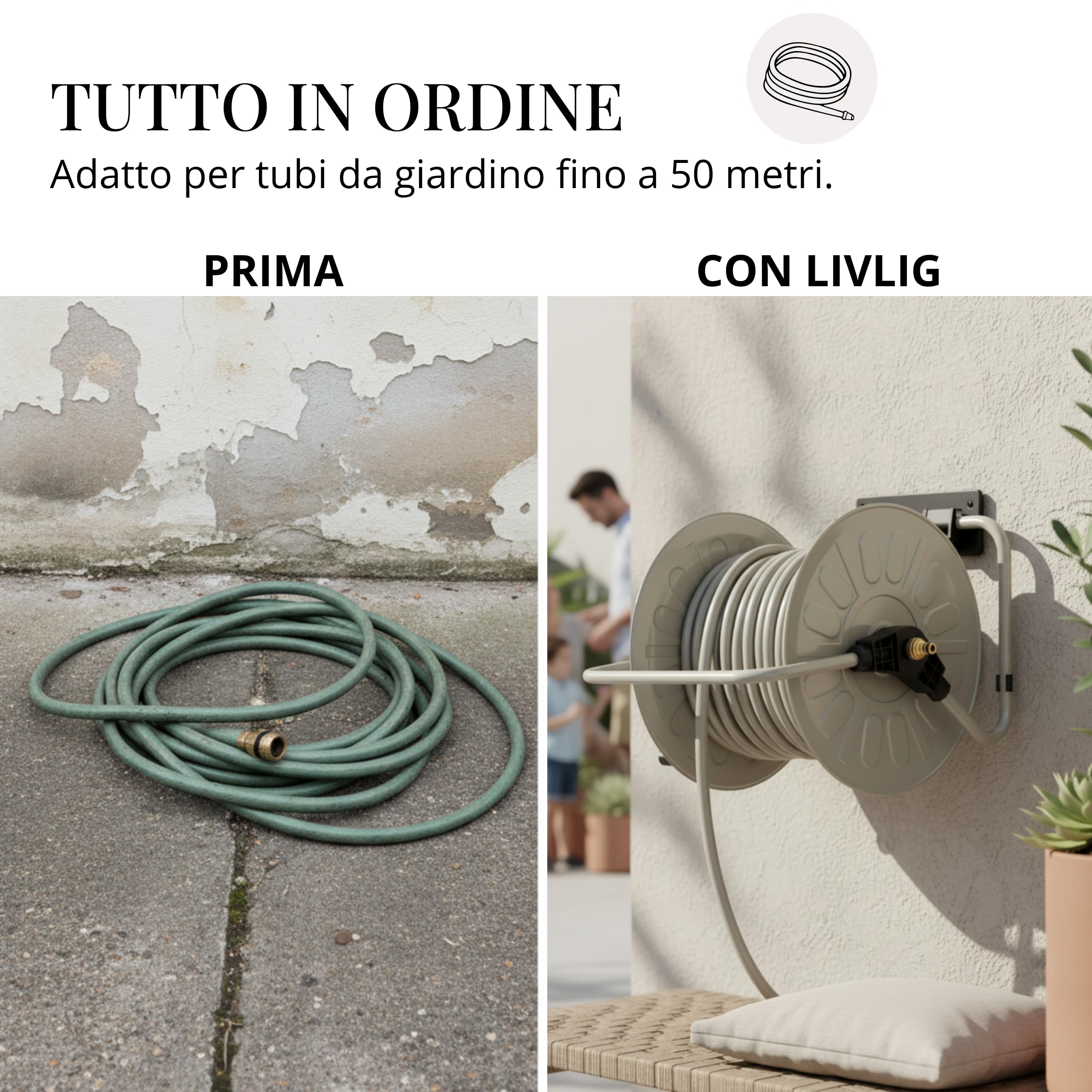 LIVLIG - Avvolgitubo in metallo, fino a 50 metri, tubo da giardino, 1/2", supporto per tubo da giardino, per montaggio a parete, Greige