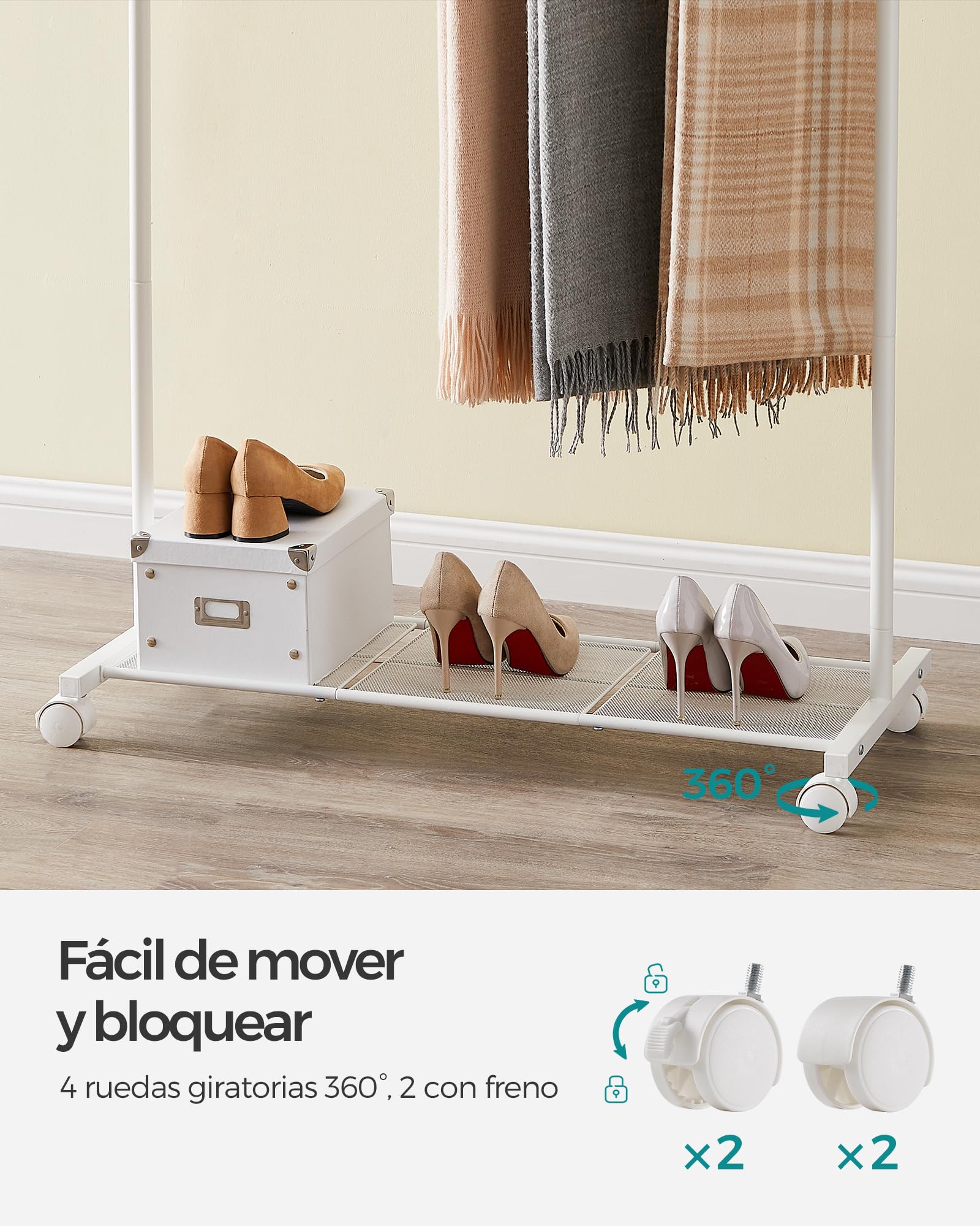 SONGMICS Perchero Burro, Burro de Ropa con 2 Barras, Marco de Metal, Barra Colgante de 91 cm de Ancho, con Estante, 2 Ruedas Bloqueables, Cada Barra Soporta hasta 20 kg, Blanco HSR027W01