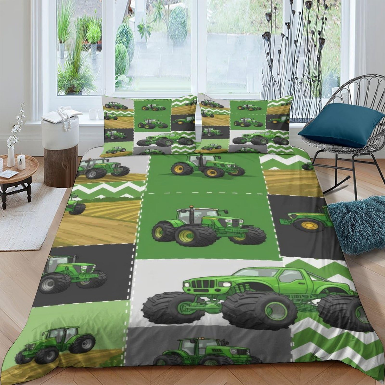 GPLZQXKJNH 3D Printed Green Monster Truck Duvet Cover Microfiber Soft Breathable Patchwork Bedding Set with 2 Pillowcases for Bedroom Decor Single（135x200cm）
