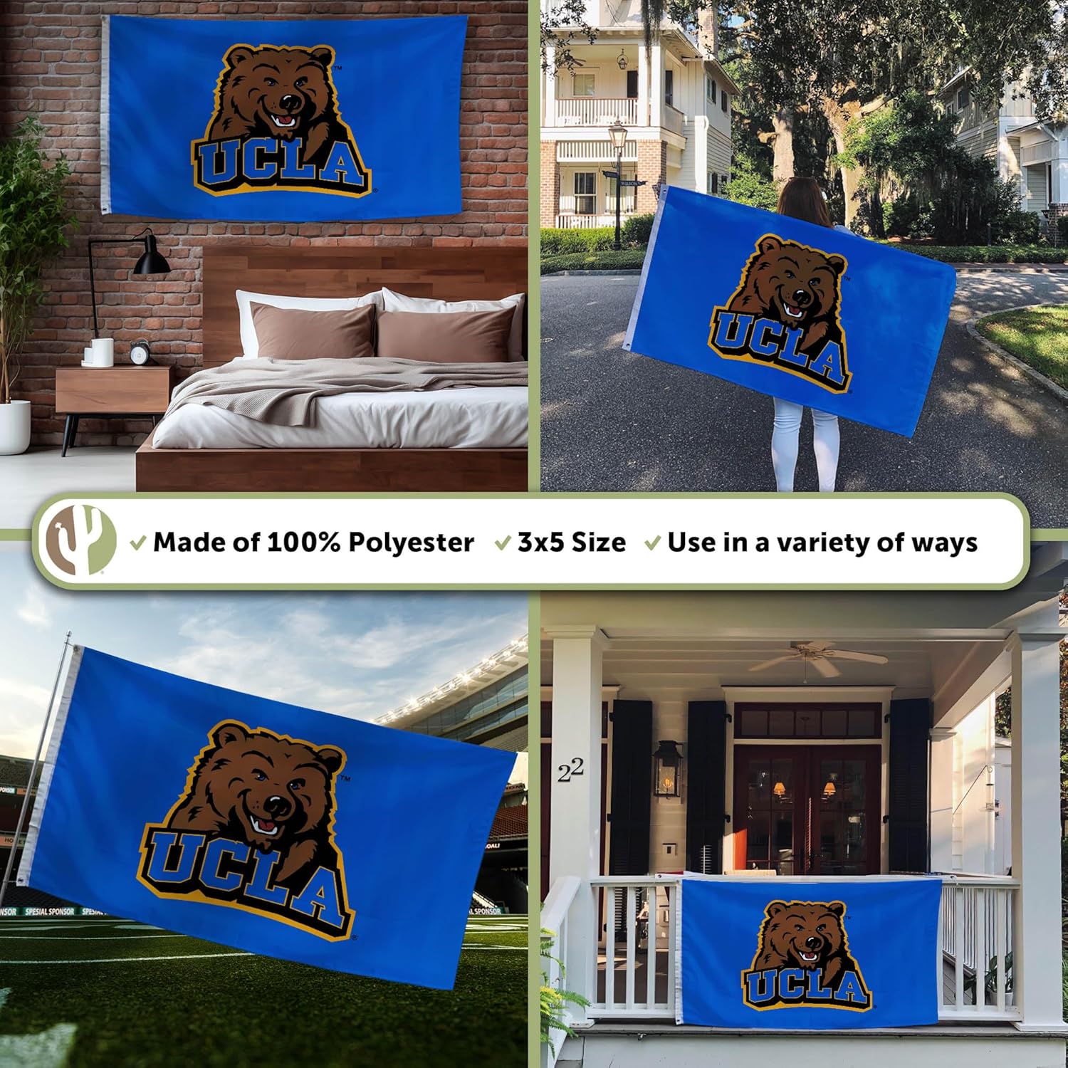 Desert Cactus UCLA Bruins Flag - 3 x 5 Feet University of California Los Angeles Banner, Indoor/Outdoor Durable Fabric, 100% Polyester Design (Style 10)