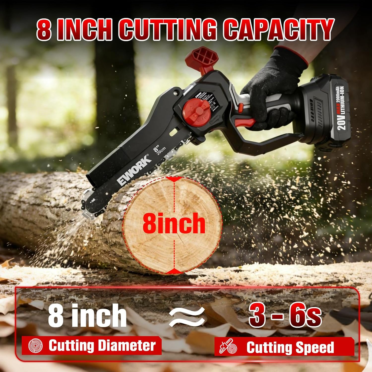 EWORK Mini Chainsaw Cordless 8-Inch, Brushless Motor, Mini Electric Chainsaw Cordless Battery Powered with Auto-Tension, Lightweight, Small Handheld Chainsaw for Pruning & Wood Cutting