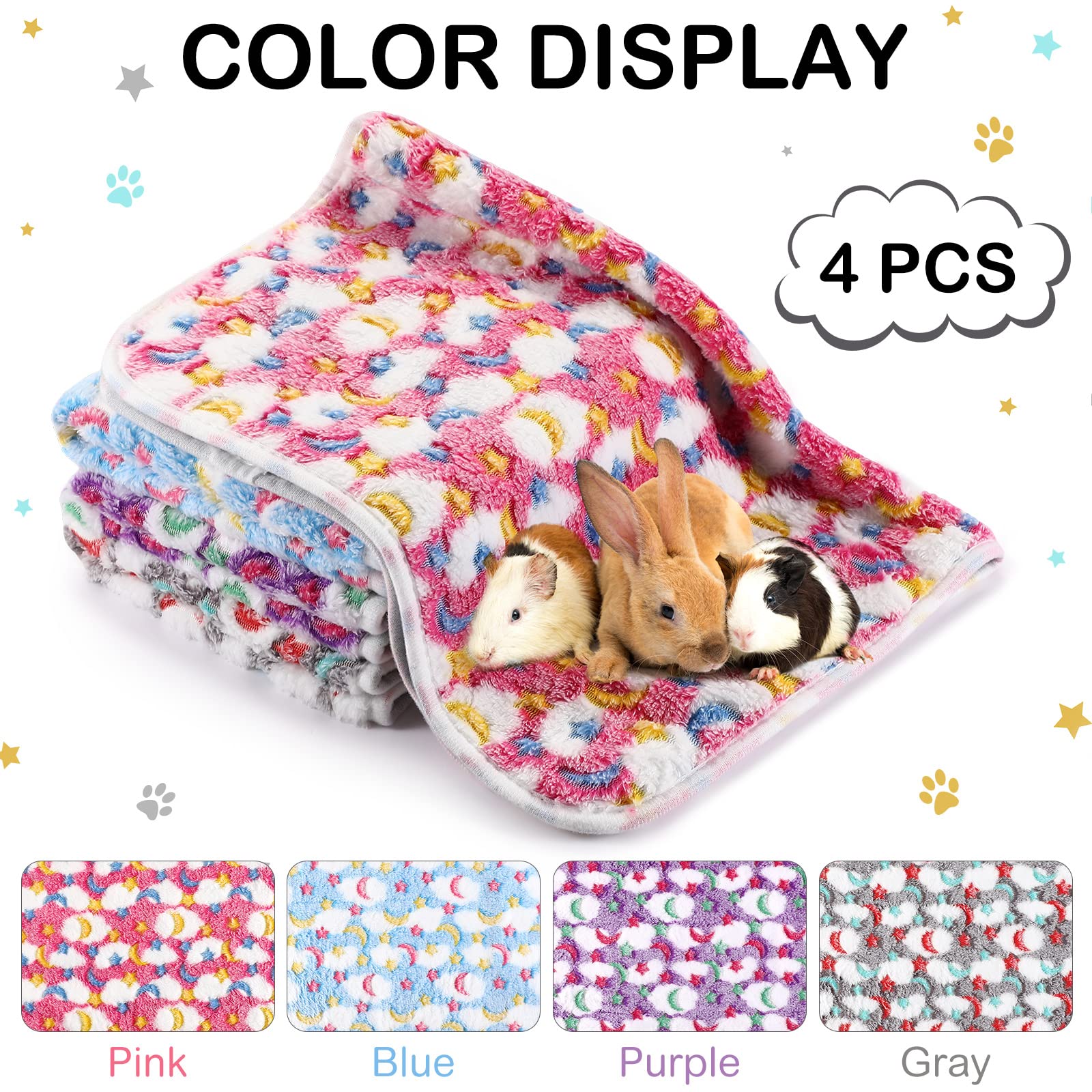 Namalu 4 Coperte per Porcellini d'India Impermeabili Copertina da Letto per Piccoli Animali in Pile Lavabile Fodere Assorbenti per Gabbia Cavia Riutilizzabili (Stella e Luna, 60 x 40 cm)