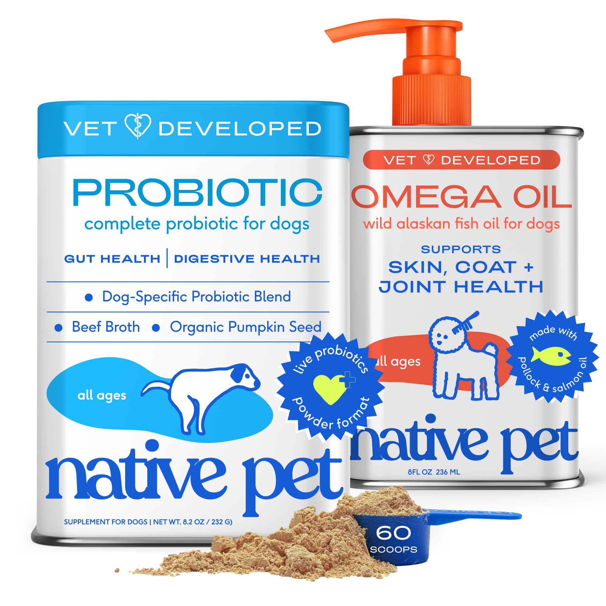 Native Pet Omega 3 Fish Oil for Dogs 8Oz &amp; Probiotics for Dogs 8.2Oz Powder Food Topper - Fish Oil &amp; Dog Probiotic Powder - Supports Skin, Coat, Gut Health, Heart &amp; Digestion - Vet Formulated