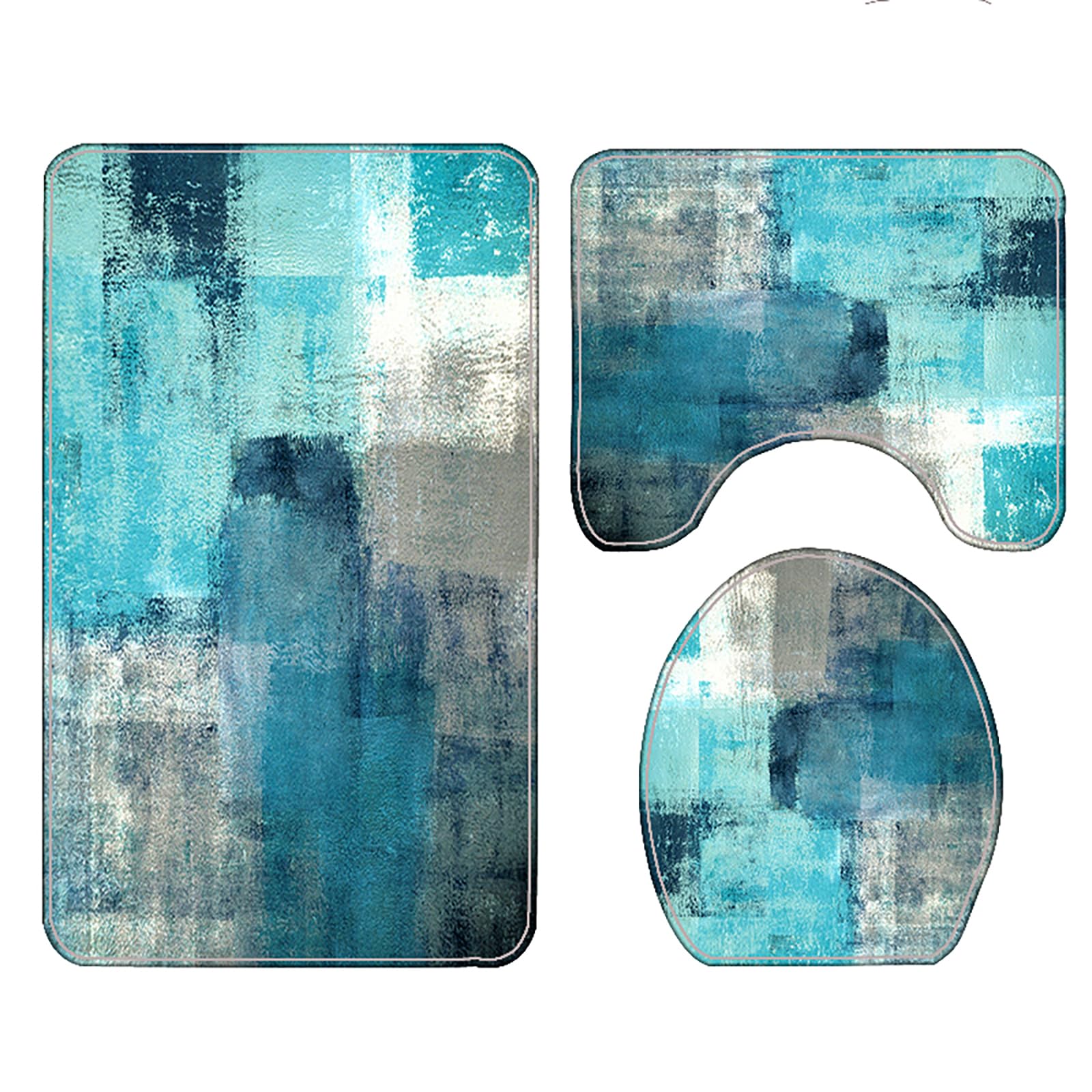NEWSUYAA 3 Pcs Bath Rug Sets Blue and Brown Abstract Marble Painting Teal Vintage Retro with Non-Slip Rugs Toilet Lid Cover and Bath Mat Bathroom Decor Set (Blue)