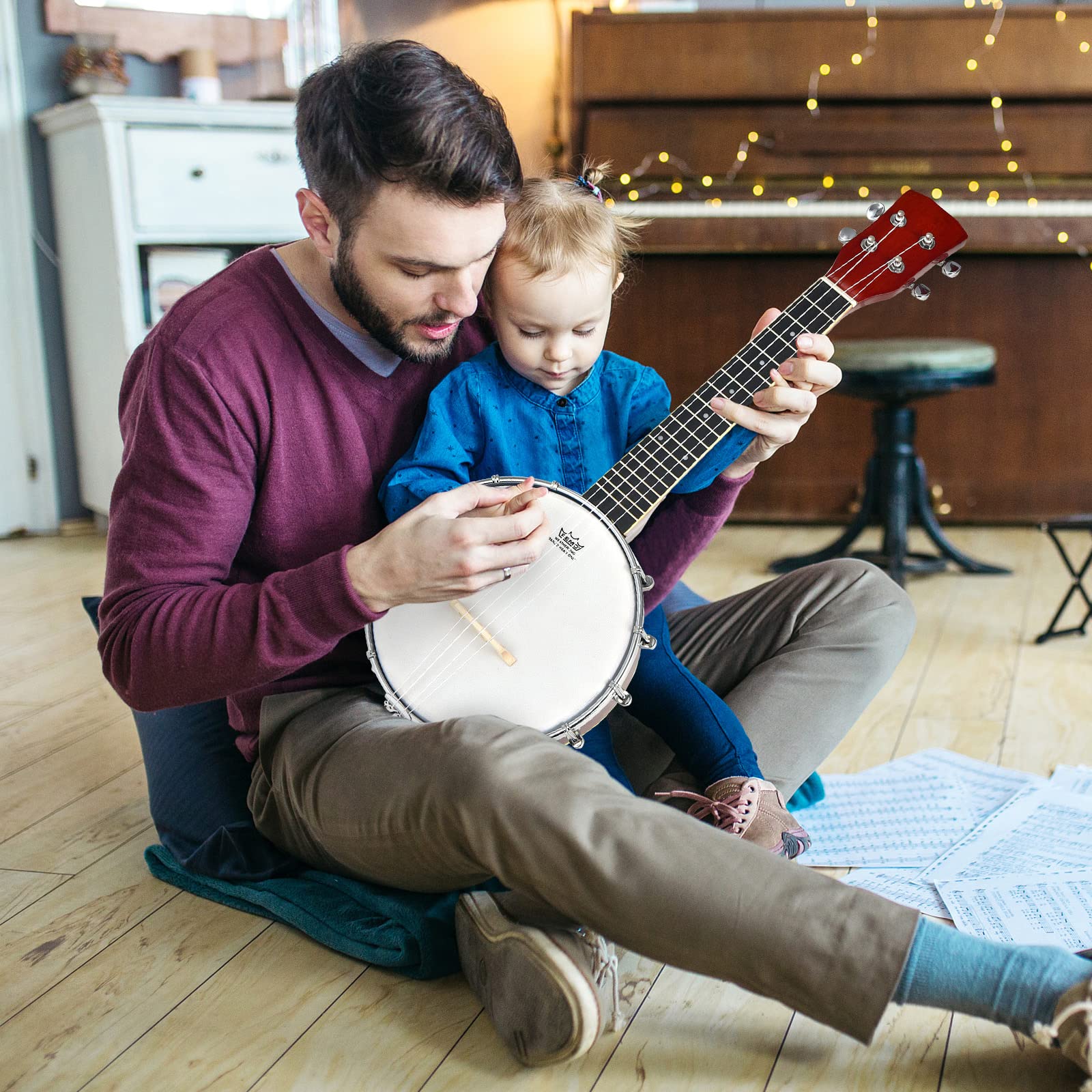 DREAMADE Banjo 4 Cordes 12 Supports avec Tambour Remo, Kit Banjolele Portable de Concert avec Accordeur & Sac de Transport, Instrument à Cordes pour Débutants, Amateur, Rouge