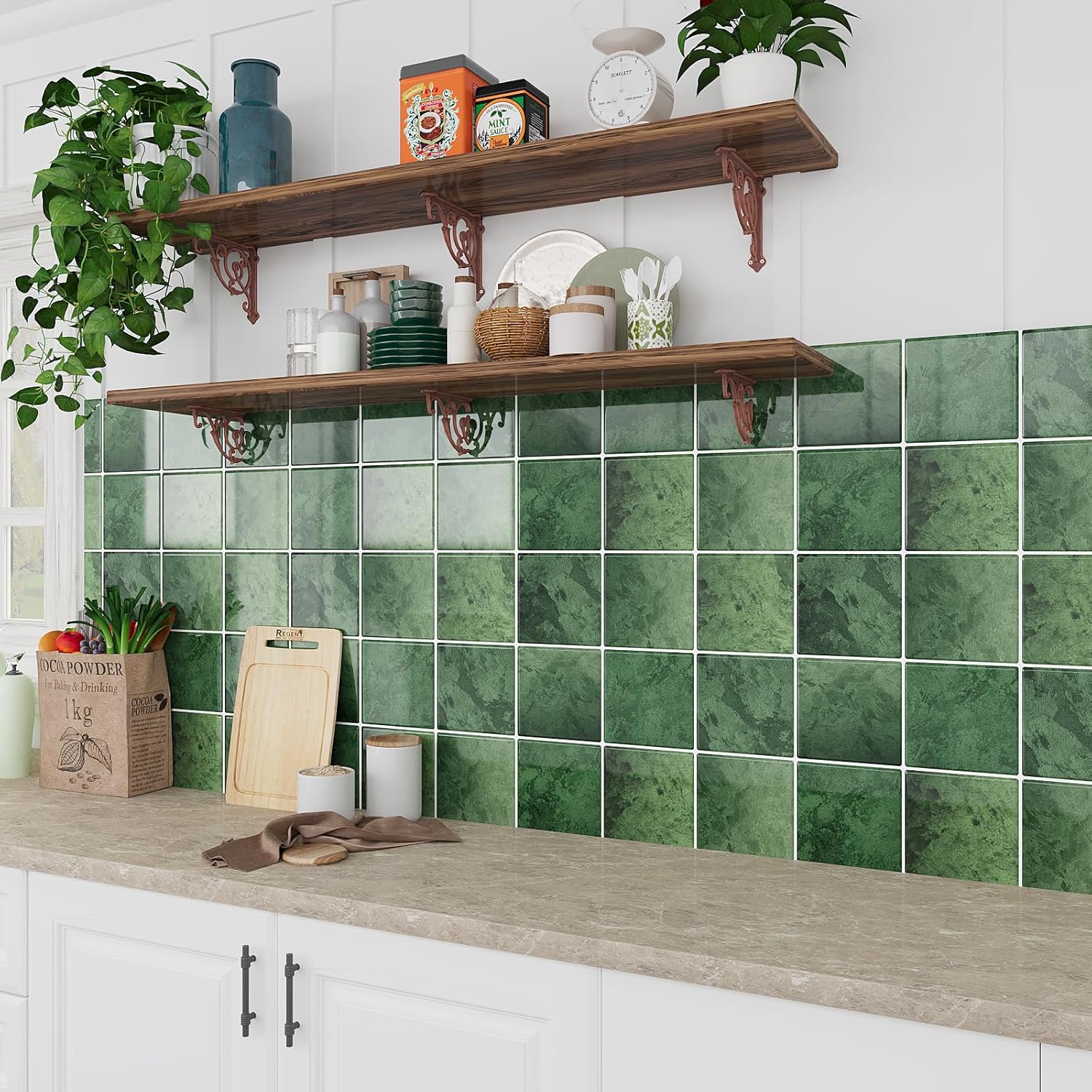 VEELIKE 12 Sheets Square Peel and Stick Backsplash Green Peel and Stick Tile for Kitchen Bathroom RV Waterproof Self Adhesive Wall Tile Sticker 12''x12'' Renter Friendly Kitchen Backsplash Tiles