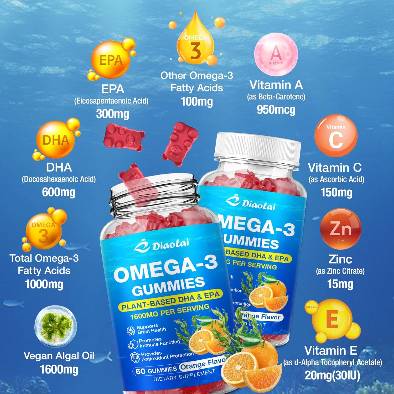 2 Pack Vegan Omega-3 Gummies for Adults – Sugar-Free, Algae-Based DHA 600mg & EPA 300mg, with Vitamins A, C, E, Zinc – Omega 3 Fish Oil Alternative, 120 Count