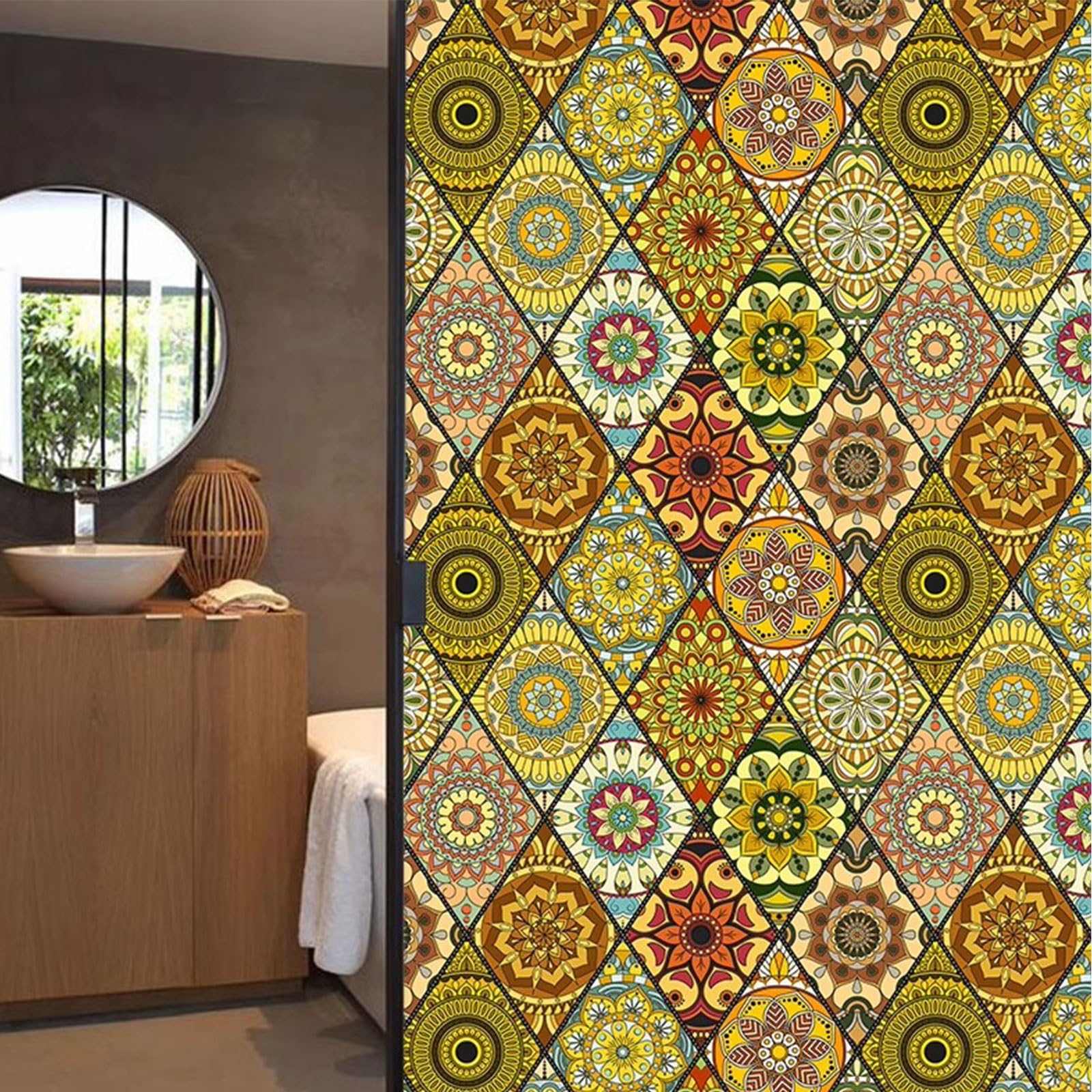 Eiauiuo Window Film Opaque Privacy Film With Vintage European Tile Pattern, Non-Adhesive & Self-Adhesive Static Cling Film, UV Protection Frosted Glass Sticker For Home & Kitchen(Retro Film 016,70x100