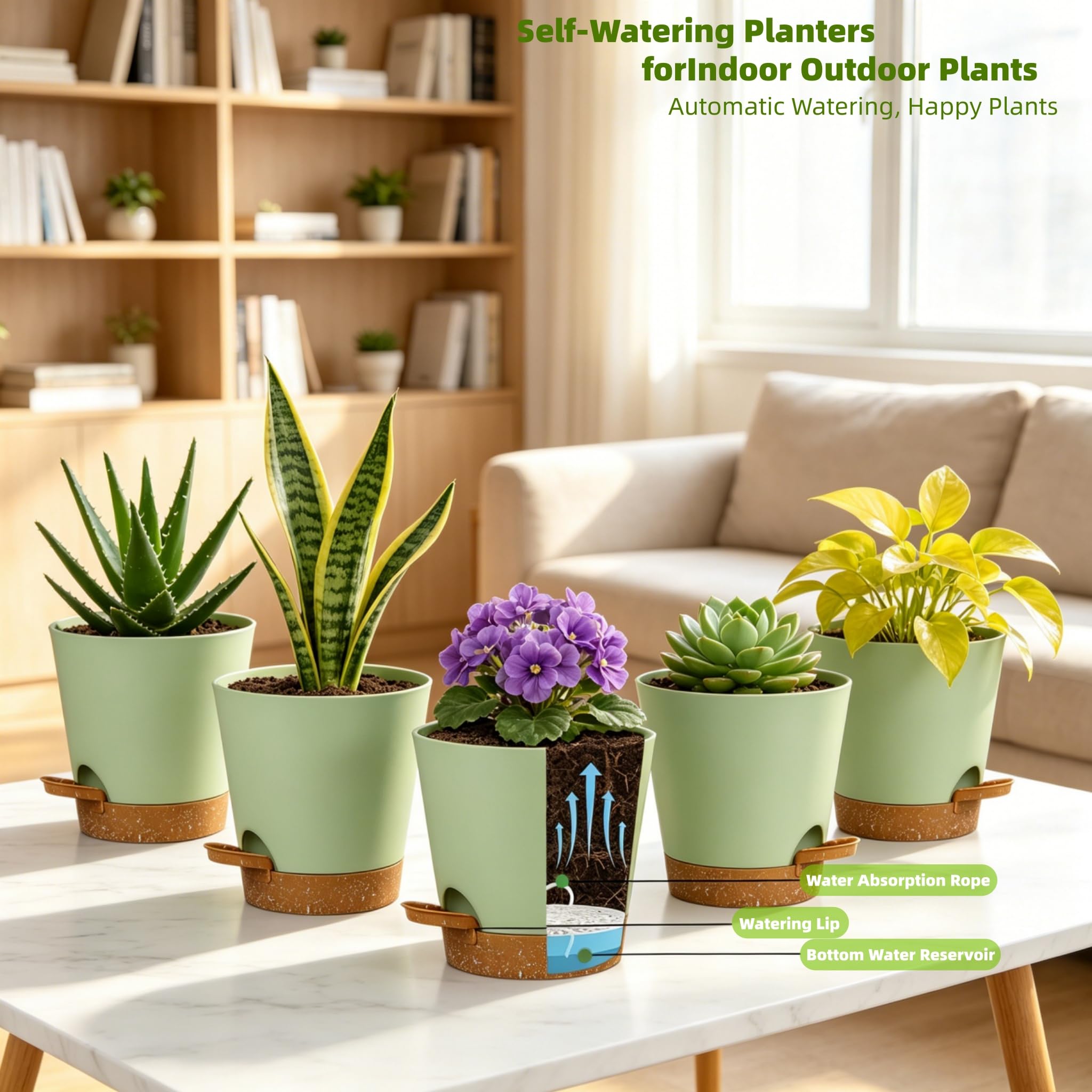 Lot de 5 pots de fleurs à arrosage automatique de 12,7 cm avec trous de drainage et réservoir - Pots de fleurs modernes en plastique pour intérieur et extérieur (vert marron)