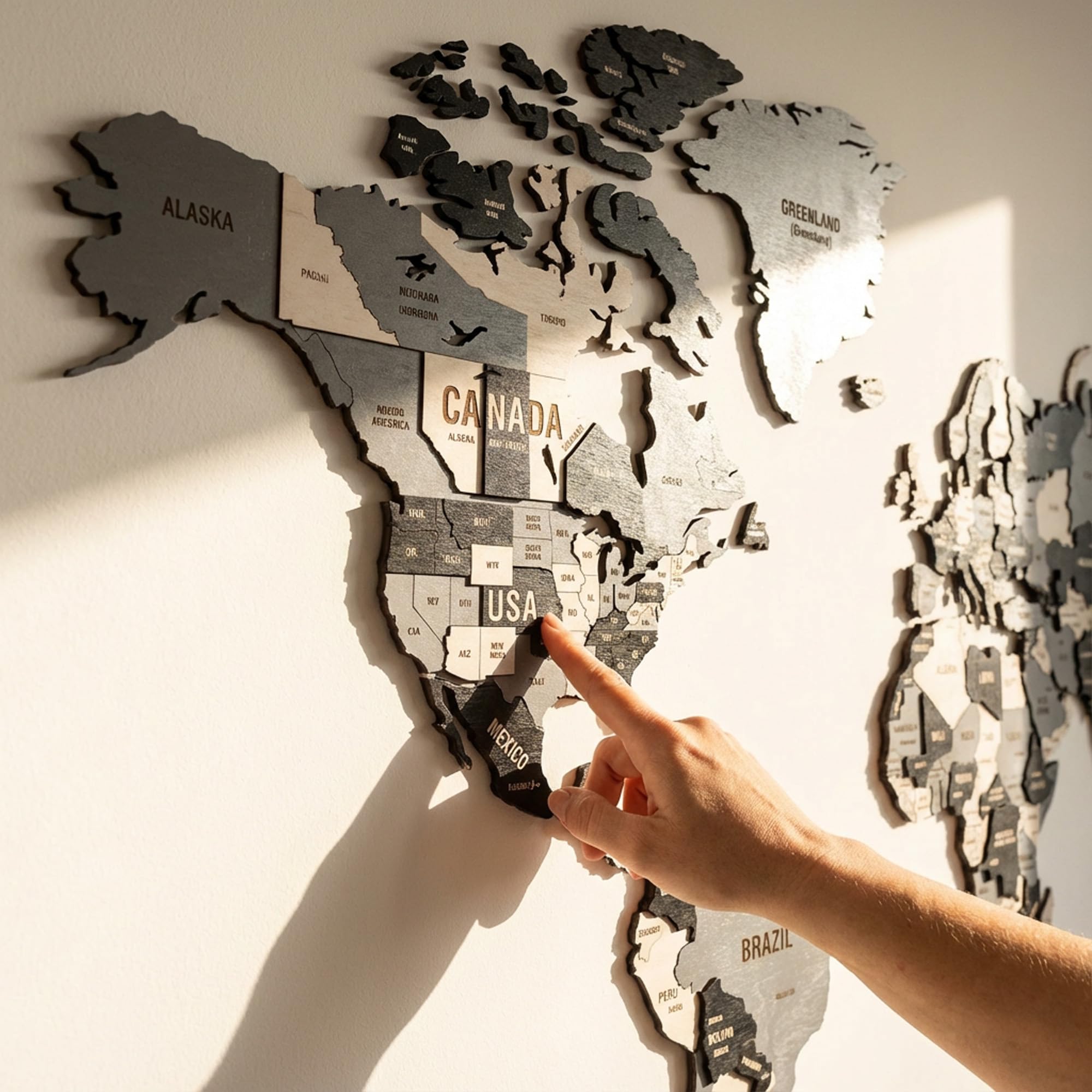 Colorfull Worlds Drewniana mapa świata 3D, sztuka ścienna, unikalna dekoracja ścienna ze szpilkami dla entuzjastów podróży, dekoracja ścienna domu i biura, szara, duża