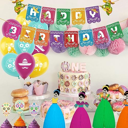 Miniatura 3 de Cartel de feliz cumpleaños con temática mexicana, pancarta de fiesta de tacos mexicanos, guirnalda de papel picado mexicano para decoración de