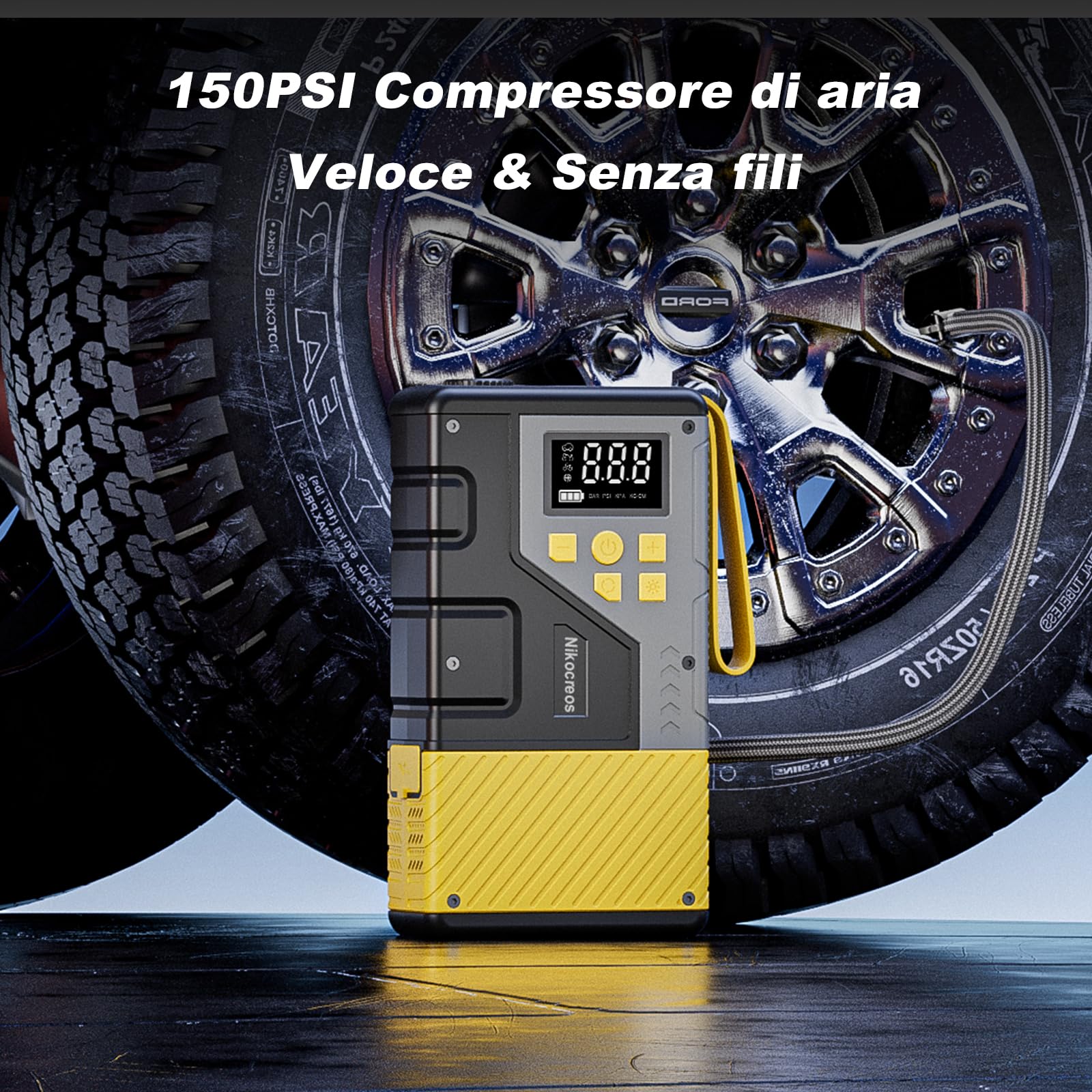 Avviatore Portatile per Auto con Compressore di Aria per Emergenze, 3000A di Picco e 150 PSI Massimo, per Motori a Gasolina da 12L e Diesel da 10L, Display LCD, Luce LED (Giallo)