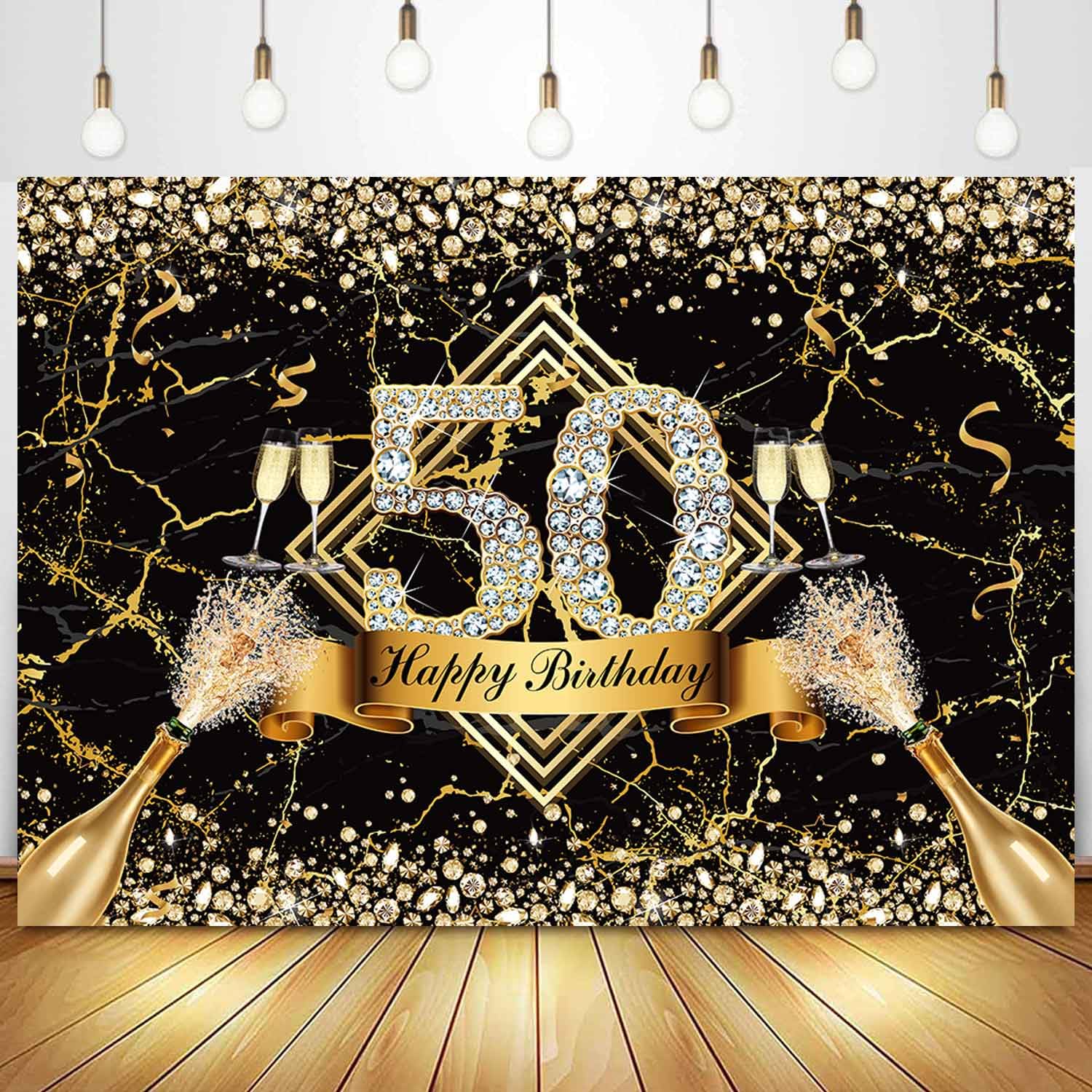 Sensfun Happy 50th Birthday Backdrop for Women Black Gold 50th Birthday Decorations Marble Texture Glitter Diamonds Fabulous 50 Years Old Photography