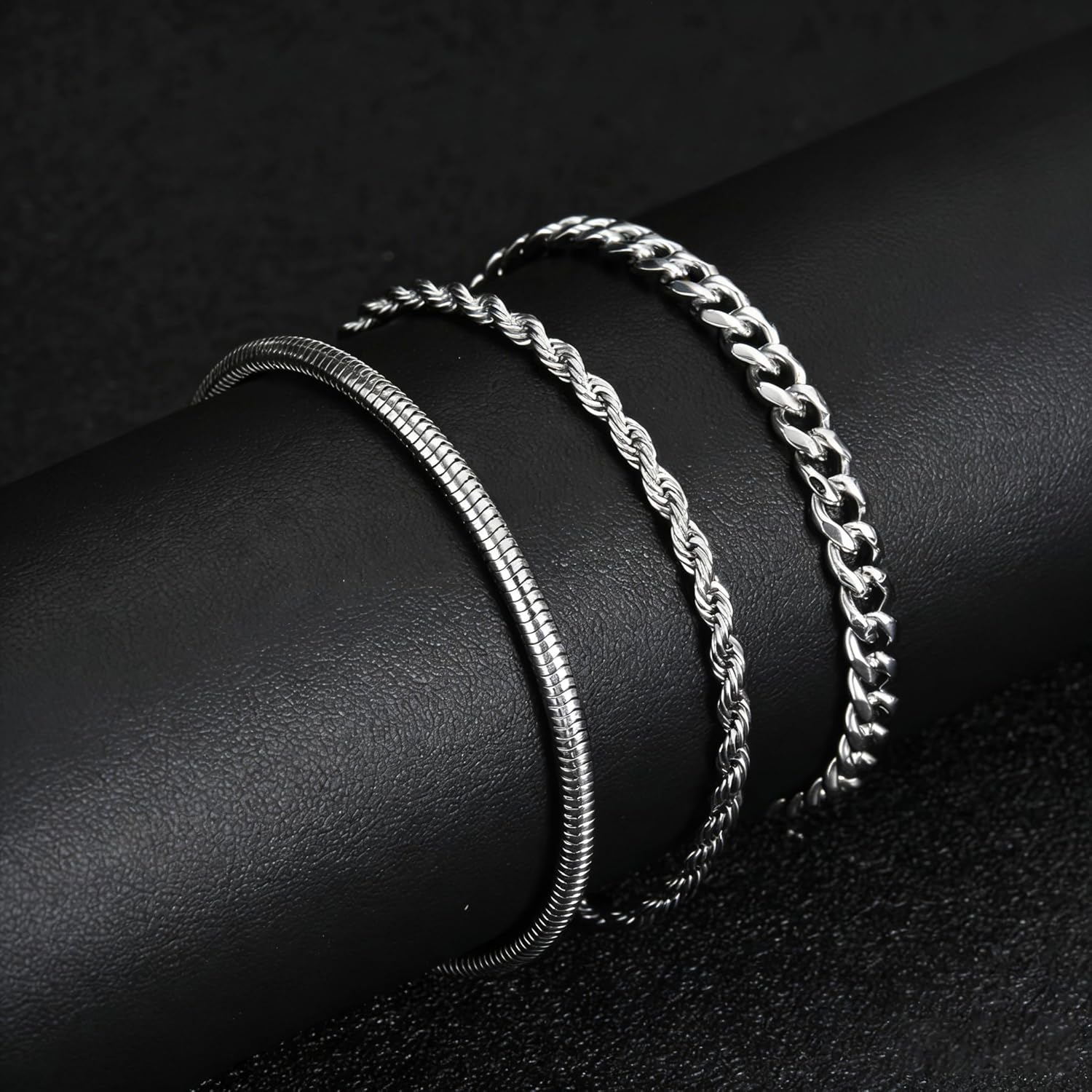 Mens Bracelet - Dainty Gold/Silver Chain Bracelet Stack 14K Gold Plated Silver Bracelets for Men Stainless Steel Adjustable Cross Charm Cuban Link Bracelet Snake Jewelry Set to Men Dad Birthday Day - Image 5