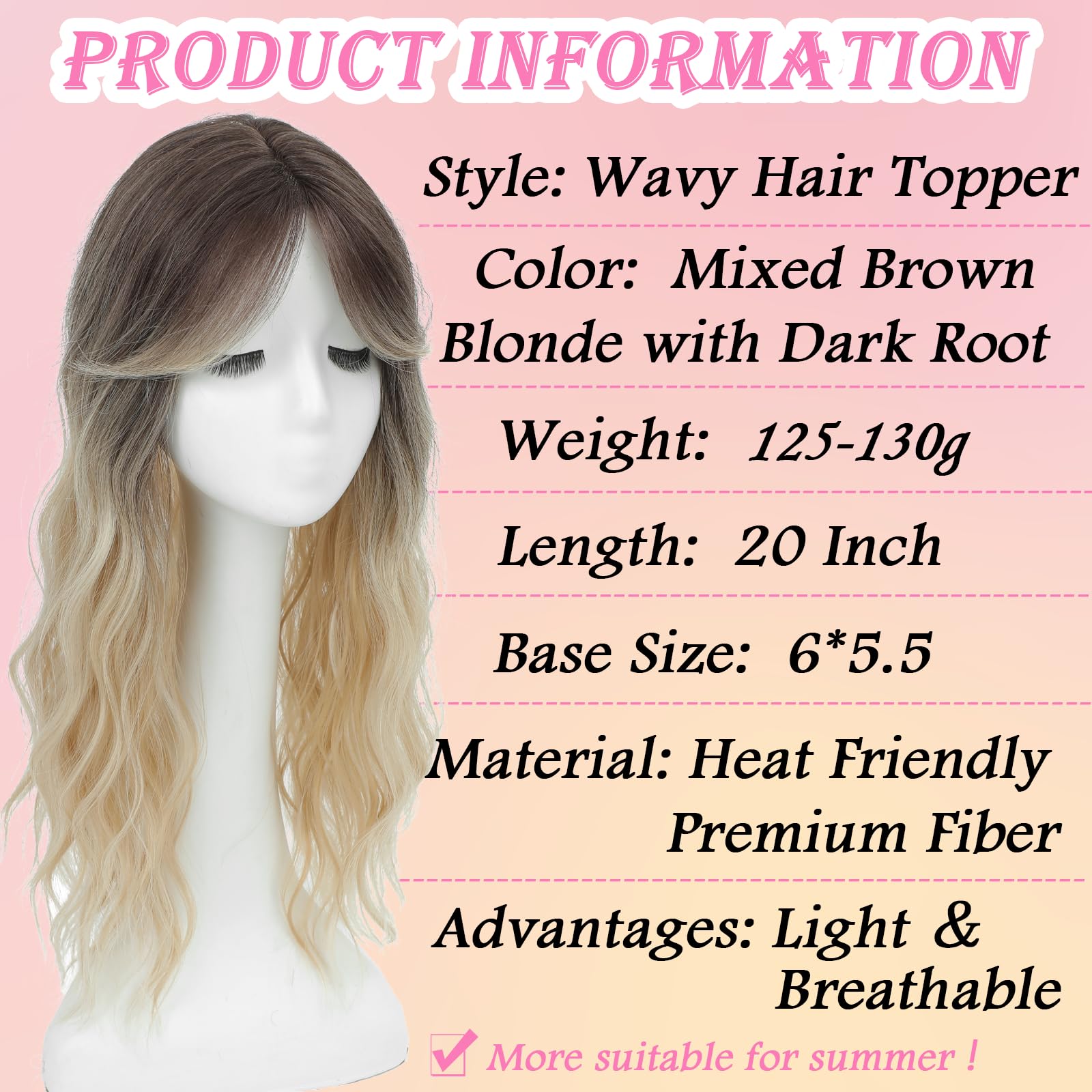 Hand Tied Breathable Hair Topper with Curtain Bangs, Clip In Lightweight Wiglet Black with Pink Highlight Hair Topper with Bangs Clip in 3D  main image 3