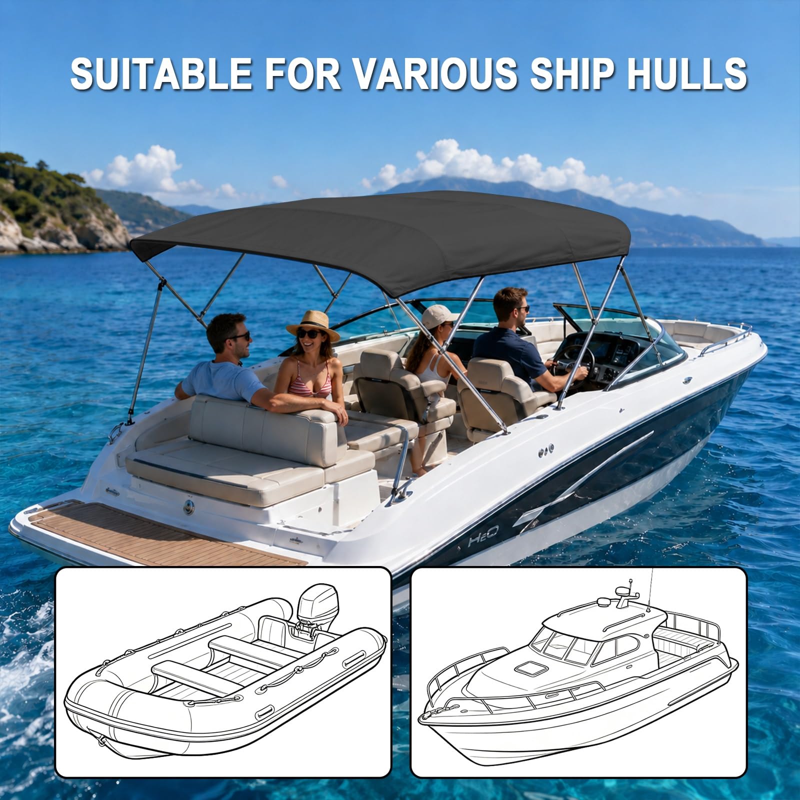 Toldo Bimini para Barco, Bimini para Barcos, Toldo Barco para Estructura 4 Arcos, Oxford 600D, 244 cm, Negro(173cm/68 in)